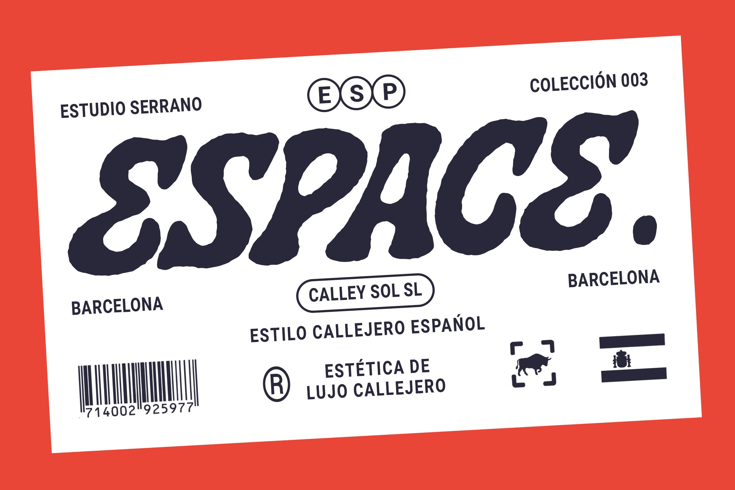Bold Spanish street style font with curved letterforms on cream label mockup with red background