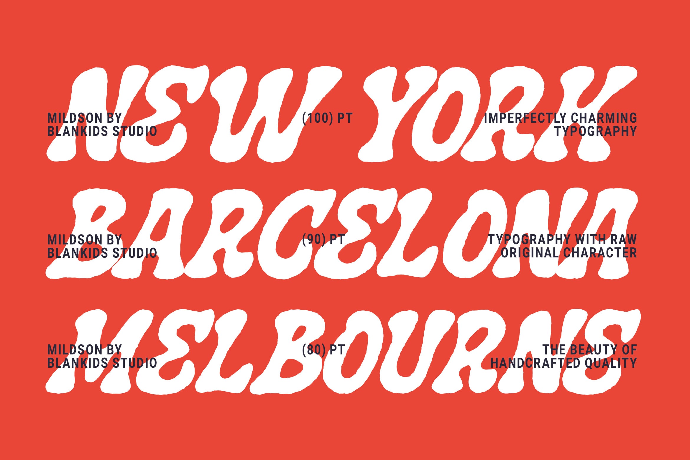 Mildson font family by Blankids Studio showing three weights on bright red background