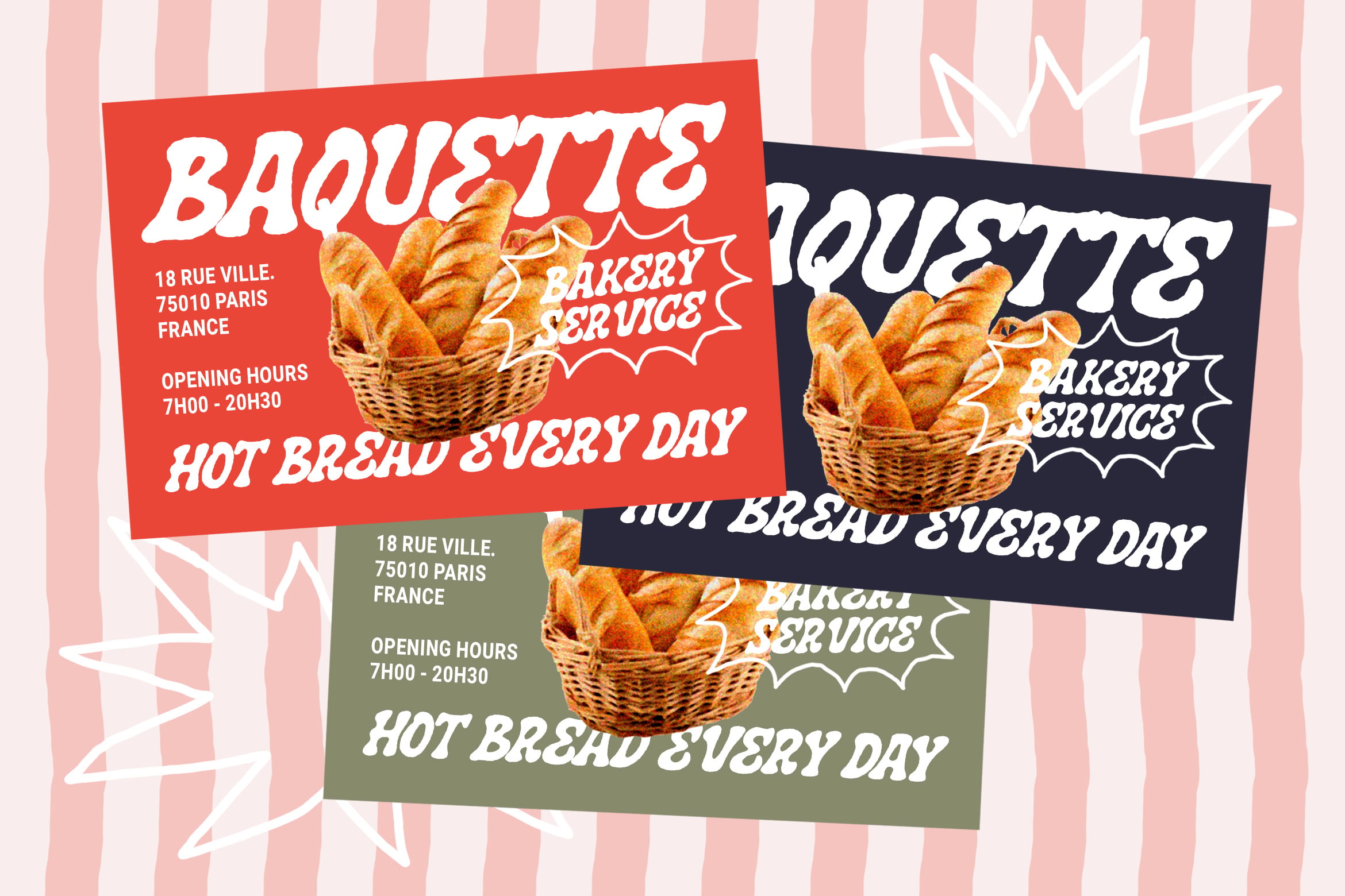 Retro bakery flyer mockup with baguettes, bold typography, colorful cards in red, navy, olive on striped background