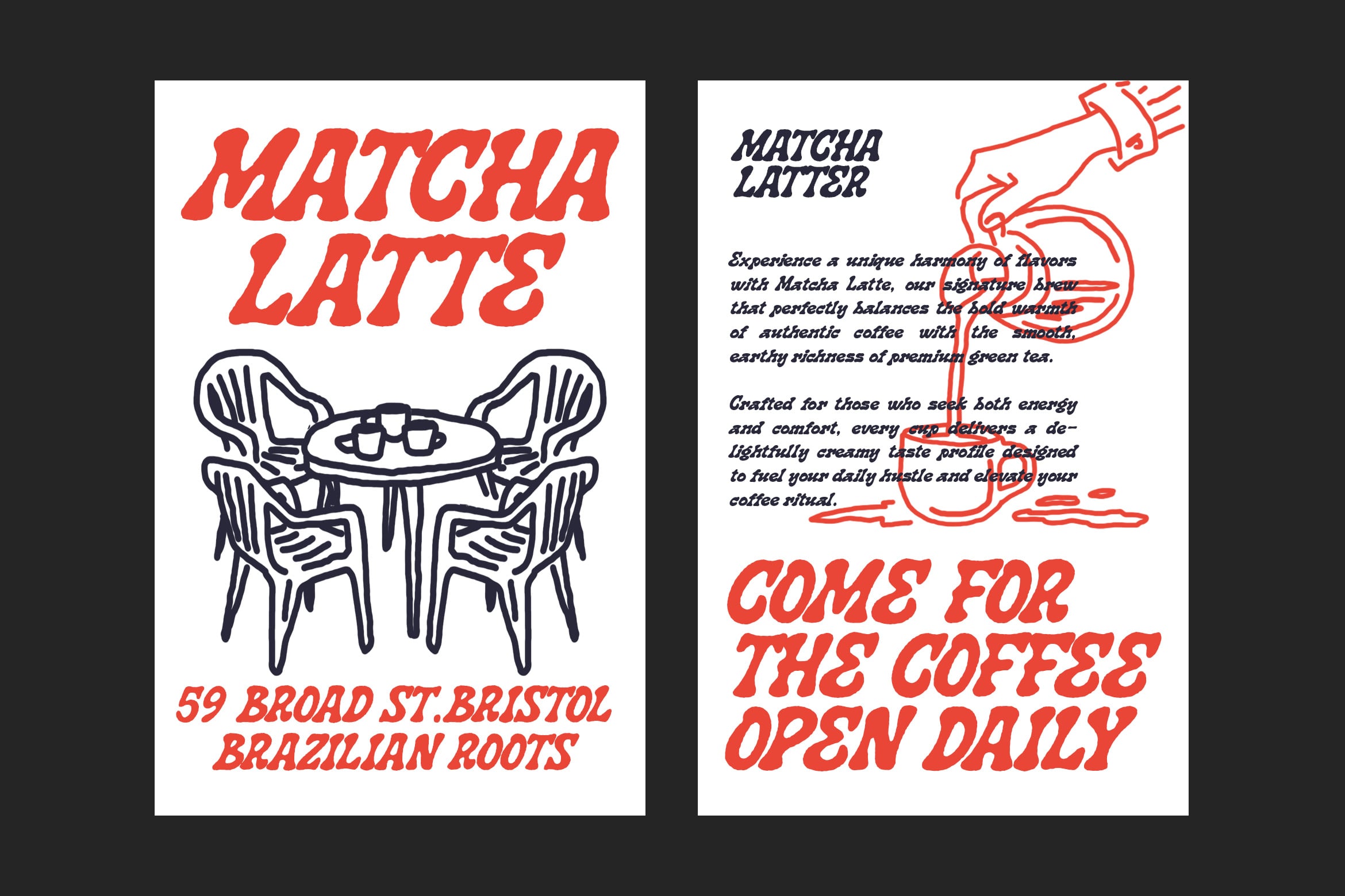 Matcha Latte cafe poster mockup with red italic type, line drawings, address details