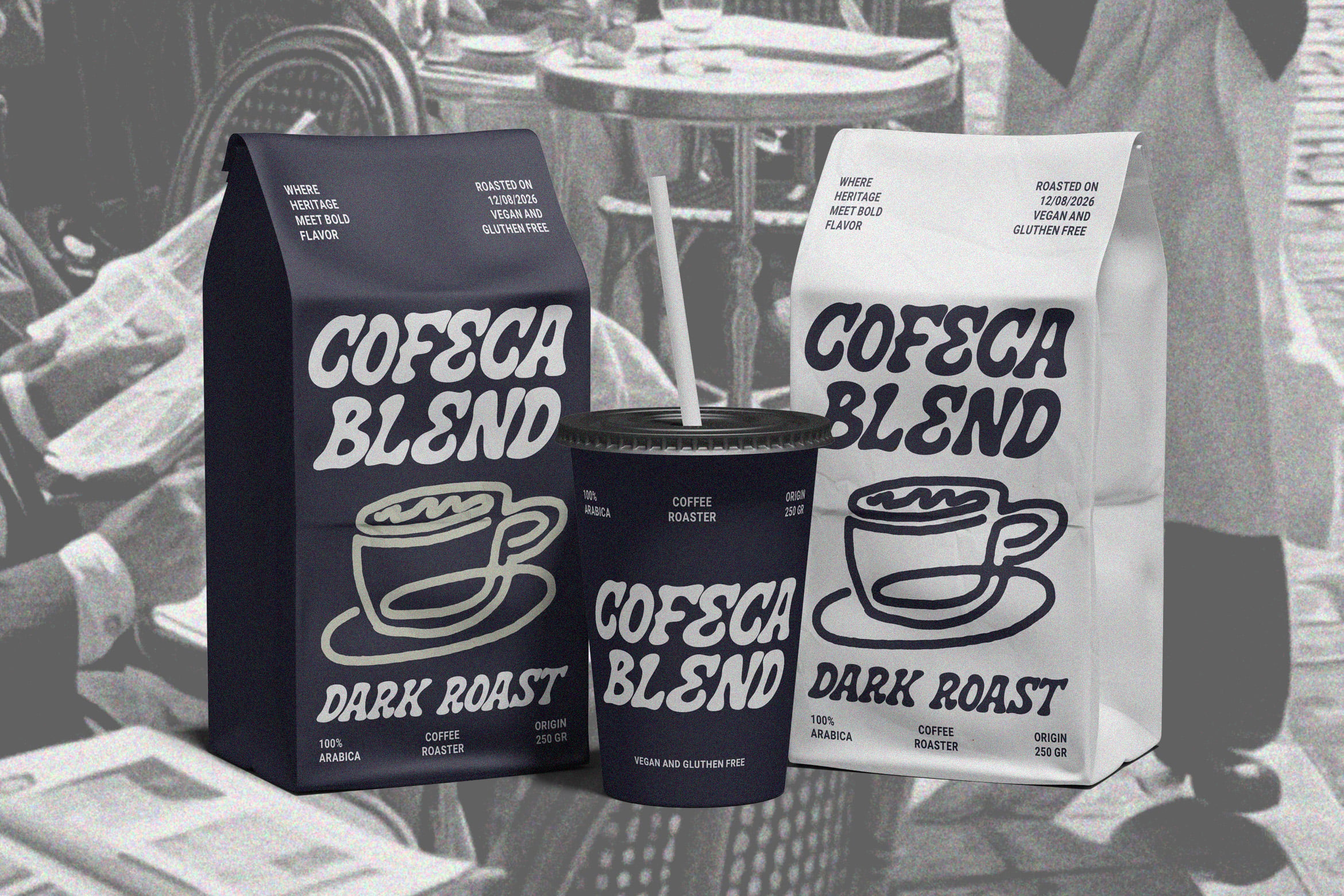 Coffee brand mockup with black, white pouches plus matching tumbler on cafe backdrop