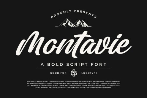 Montaie bold script font with mountain graphic on dark background