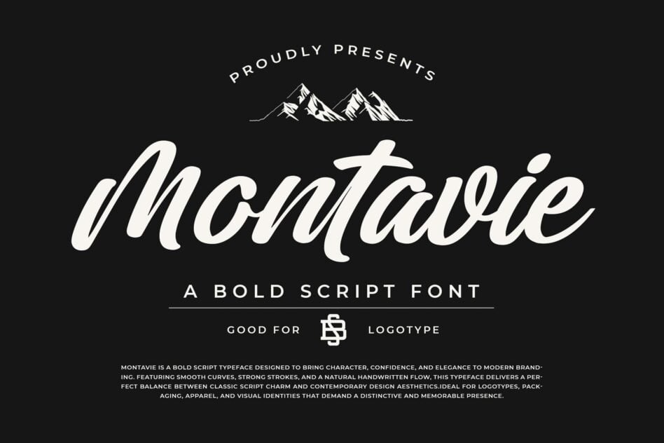 Montaie bold script font with mountain graphic on dark background