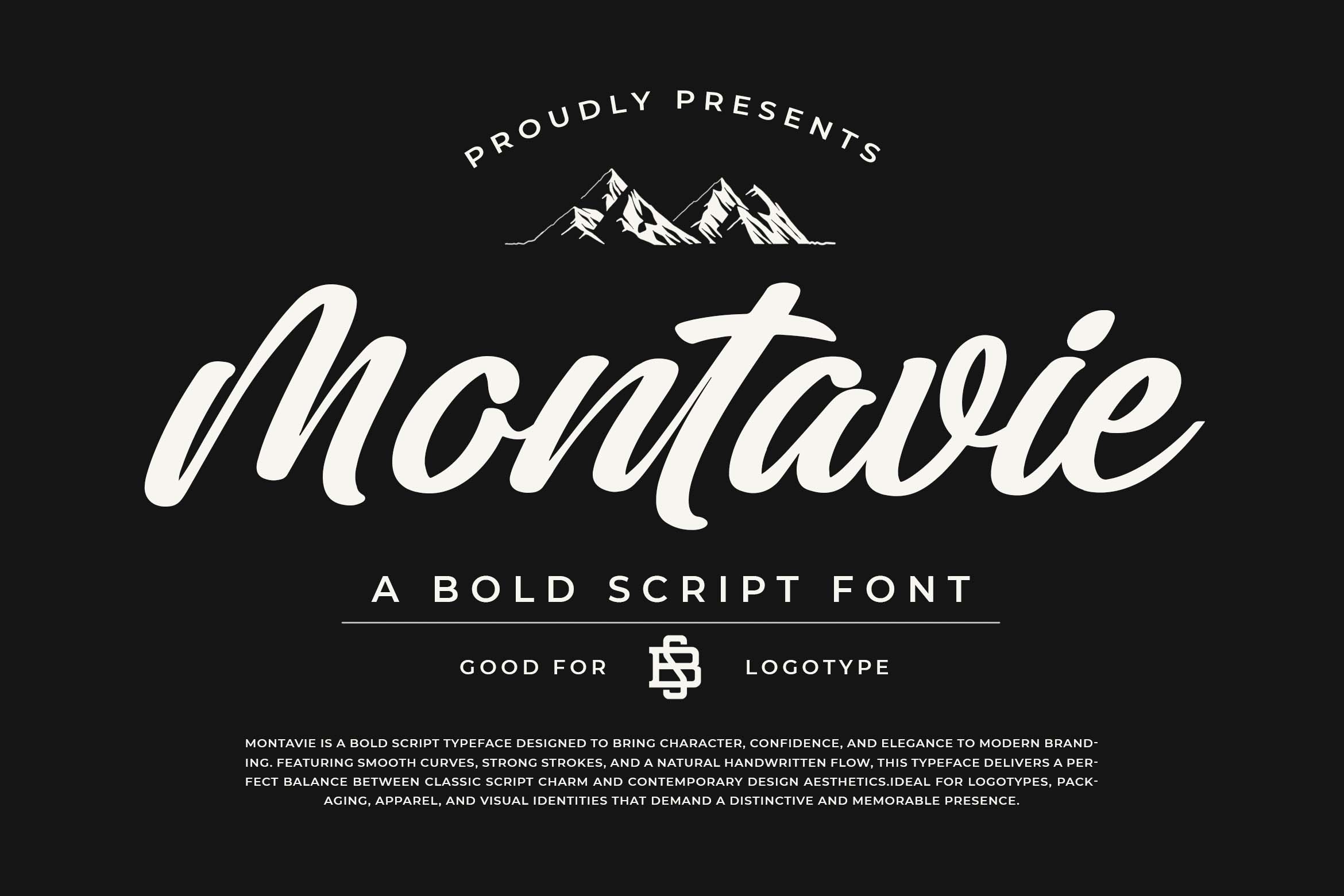 Montaie bold script font with mountain graphic on dark background