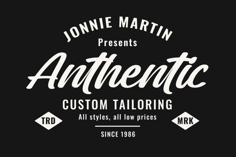Vintage tailoring label for Jonnie Martin with script typography on black background