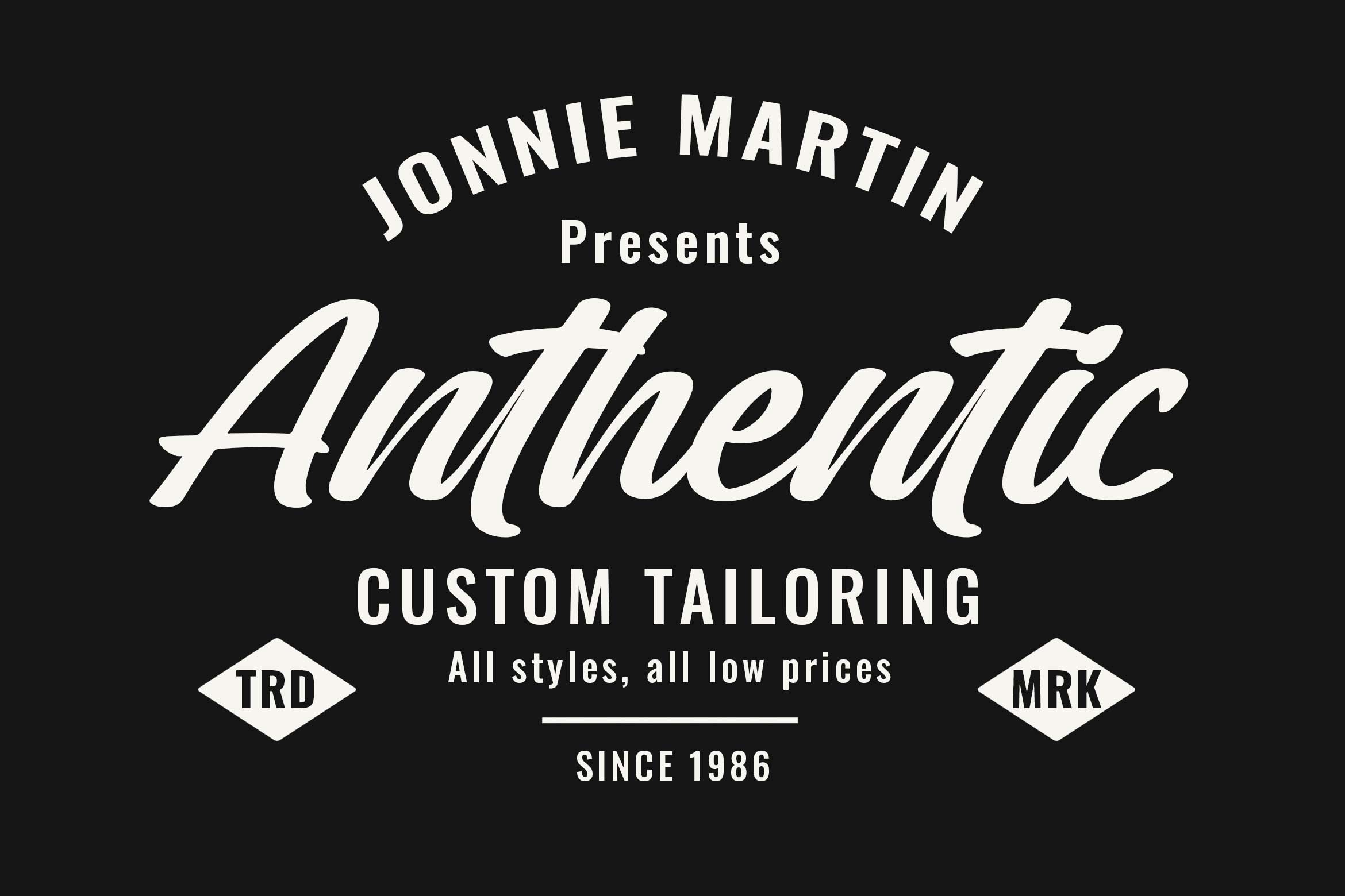 Vintage tailoring label for Jonnie Martin with script typography on black background