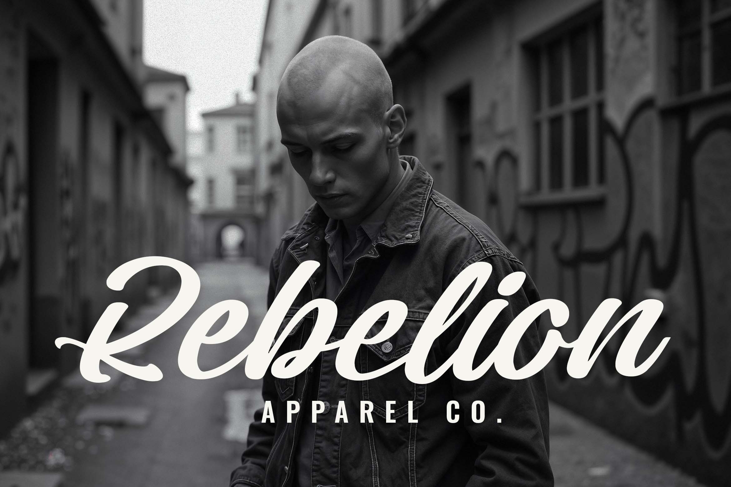 Rebellion Apparel Co. black white fashion mockup with model in denim jacket on urban street