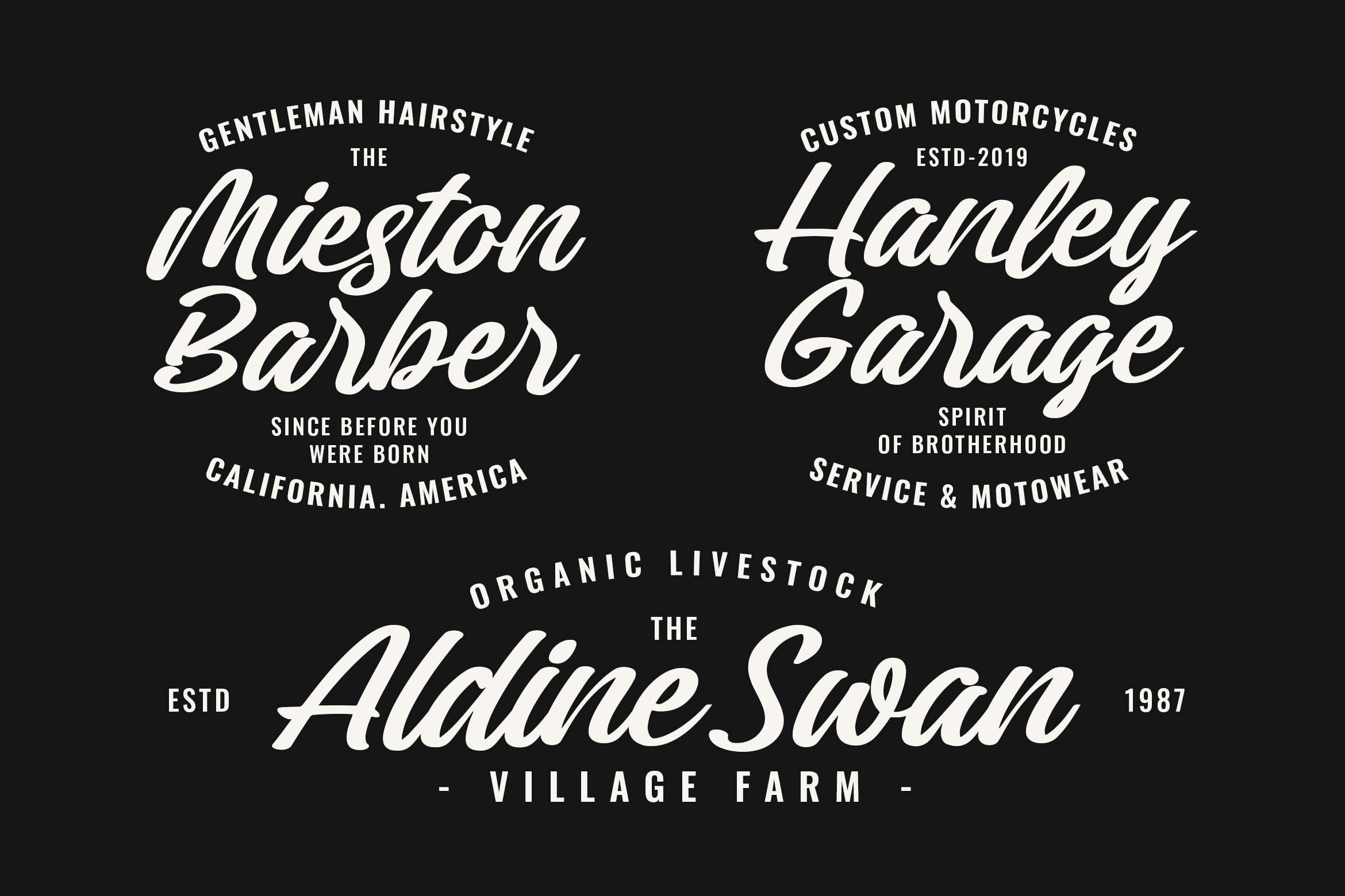 Vintage script logos for barber shop, motorcycle garage, farm on black background