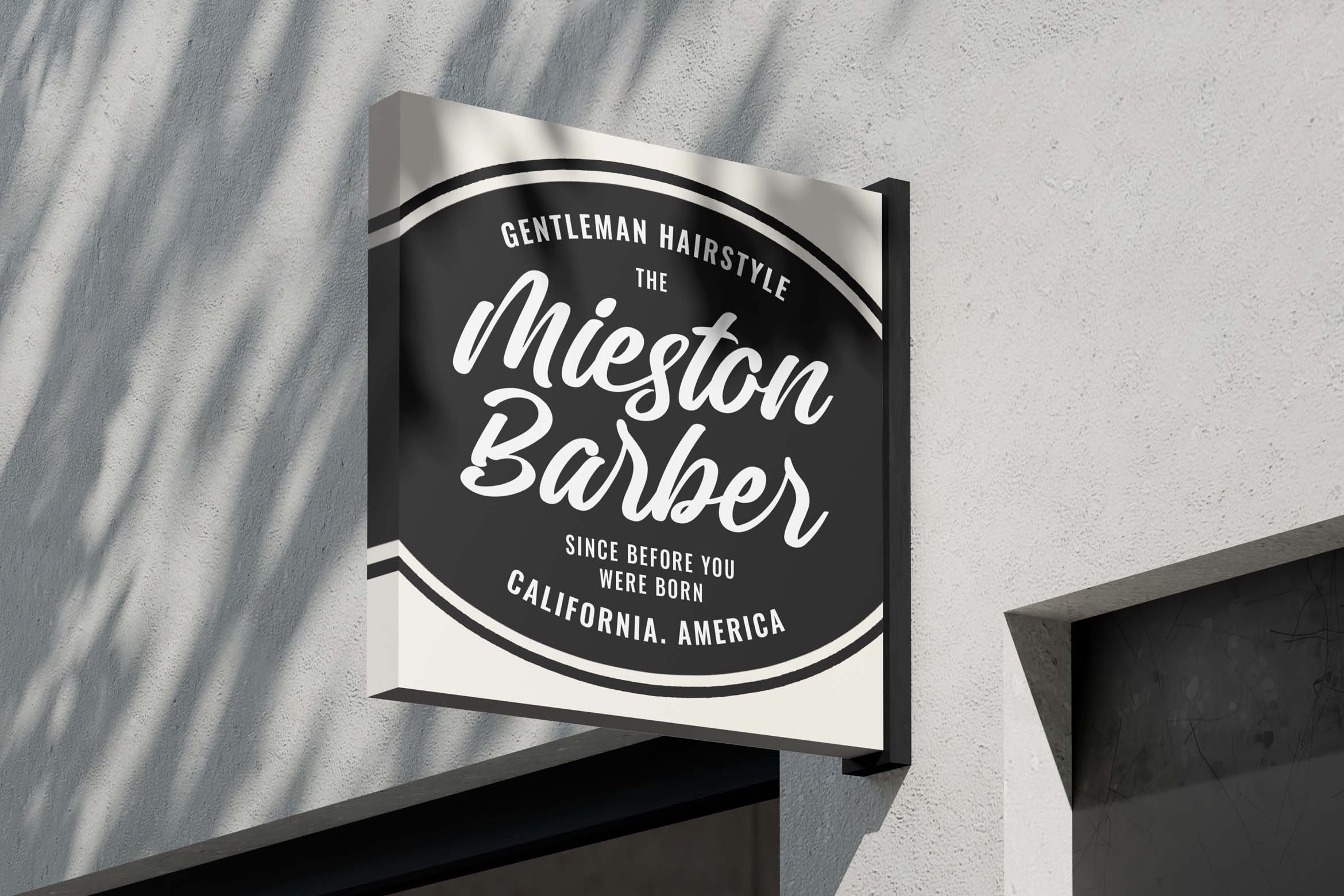 Vintage barber shop sign mockup mounted on concrete wall with shadow overlay