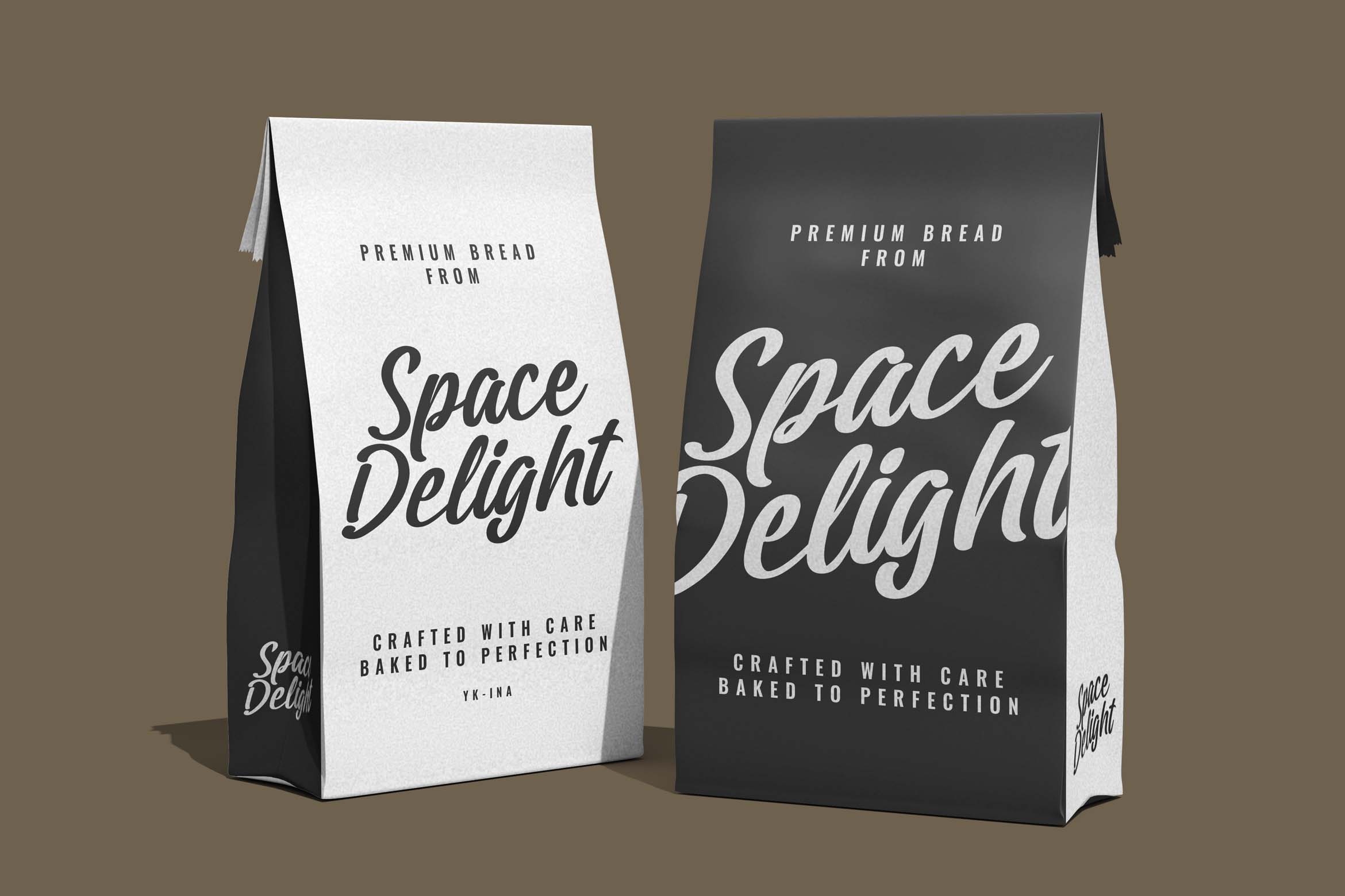 Bread bag mockup showing white plus charcoal versions with script branding on neutral background