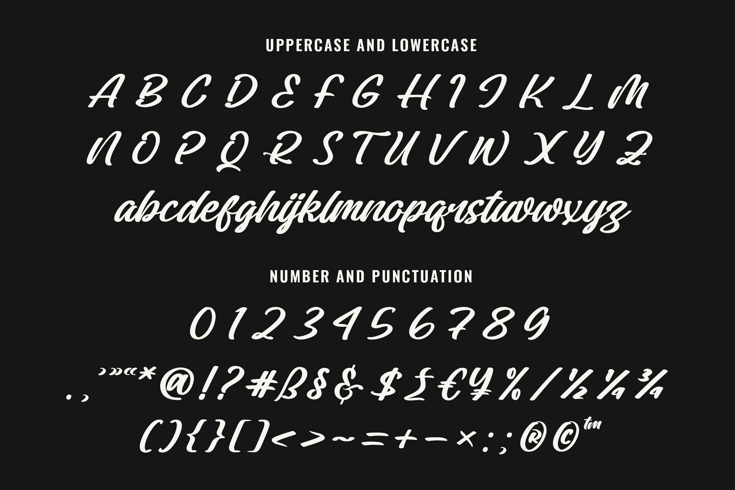 Elegant italic script font showing uppercase, lowercase letters, numbers with punctuation marks on black background