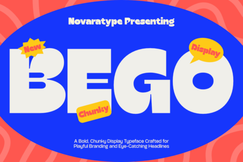 BEGO bold chunky display font with playful yellow badges saying NEW, Display, Chunky on vibrant blue oval