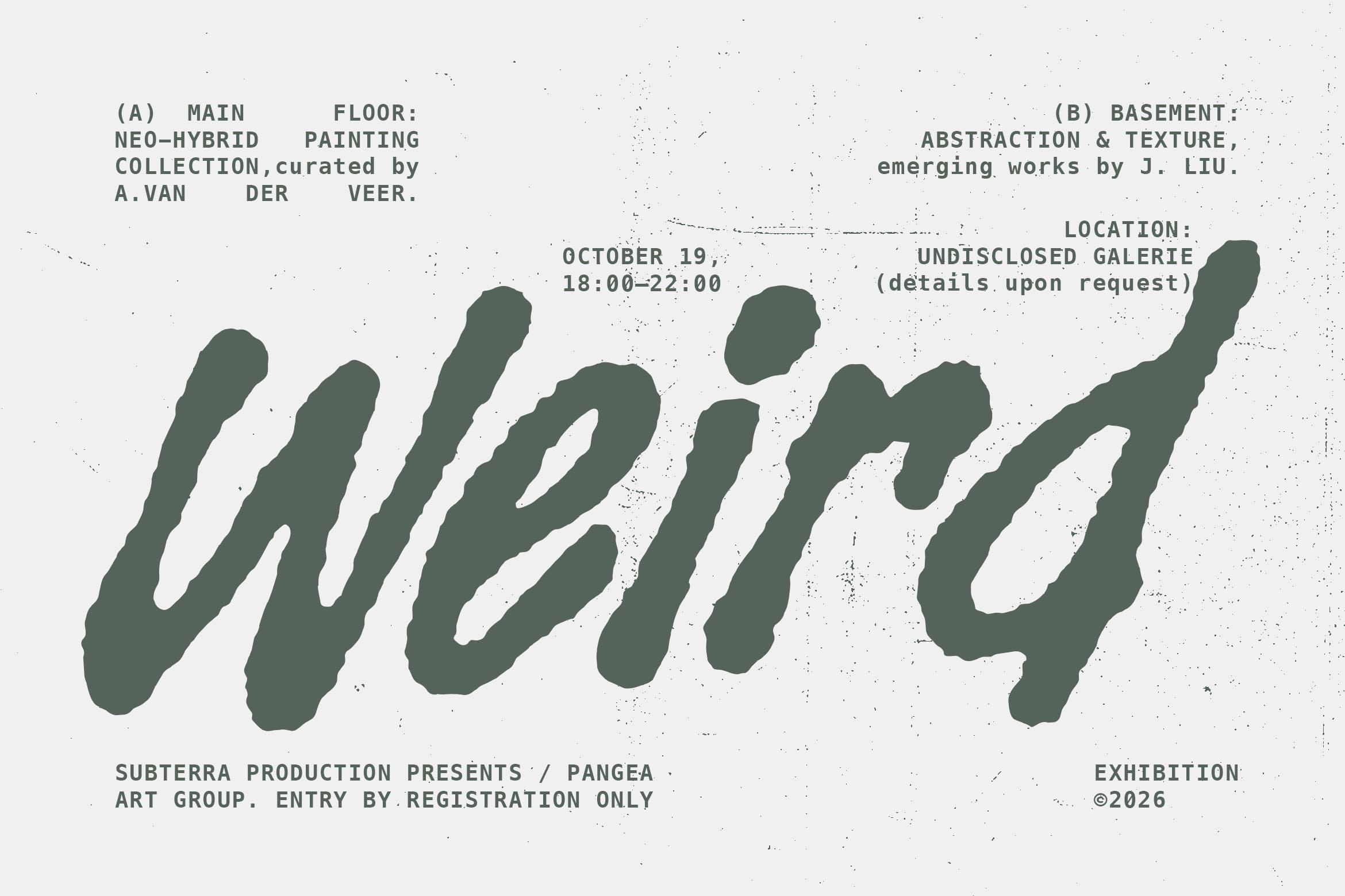 Gallery exhibition poster with dark green brushstrokes, event details, curator info on cream background