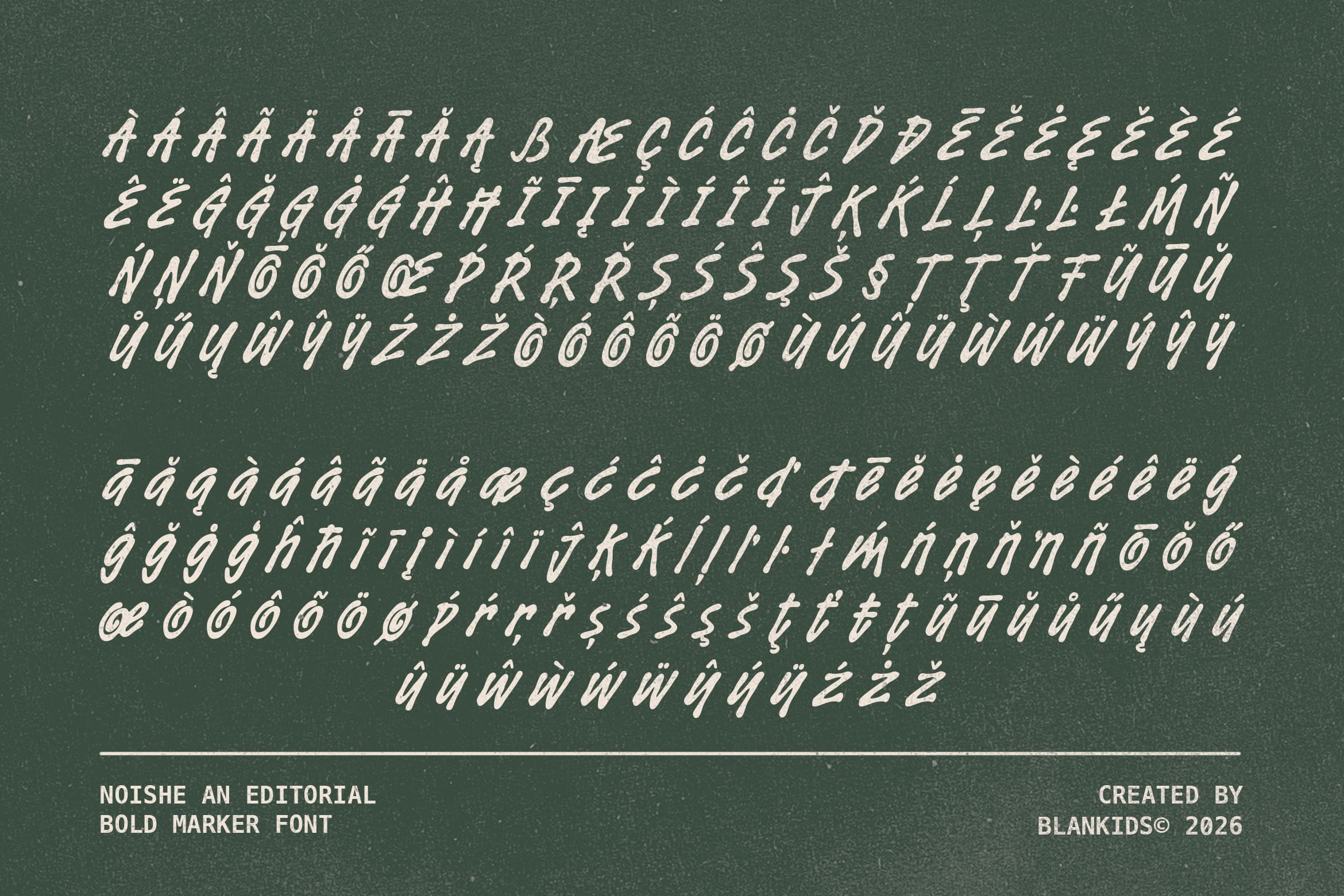 Noishe An Editorial bold marker font with extensive diacritical characters on green chalkboard background