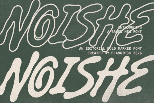 Worshie font display with cream outlined letters on sage green background, editorial bold marker typeface by Blankids 2026