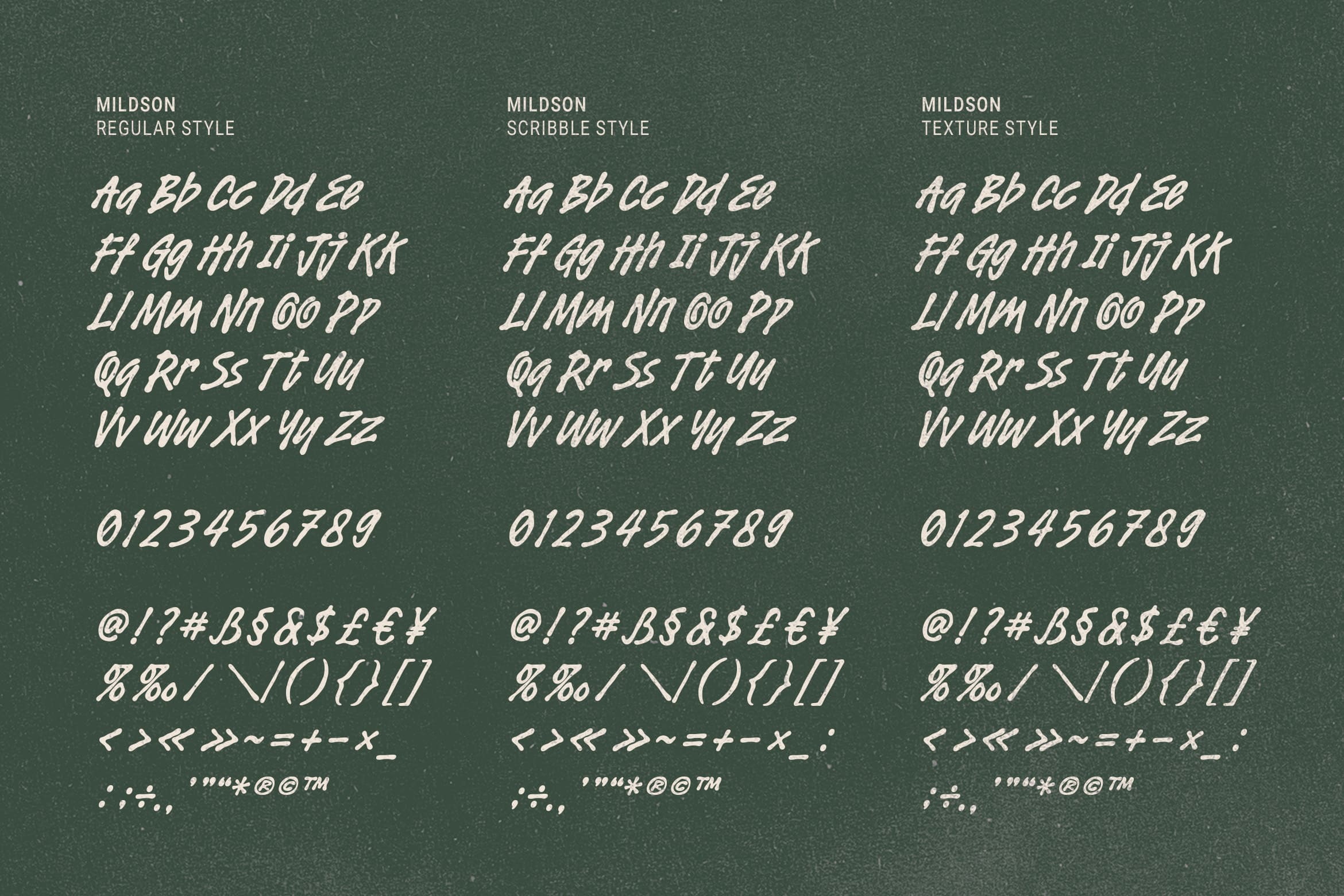 Mildson font family showing three styles: regular, scribble, texture on textured green background