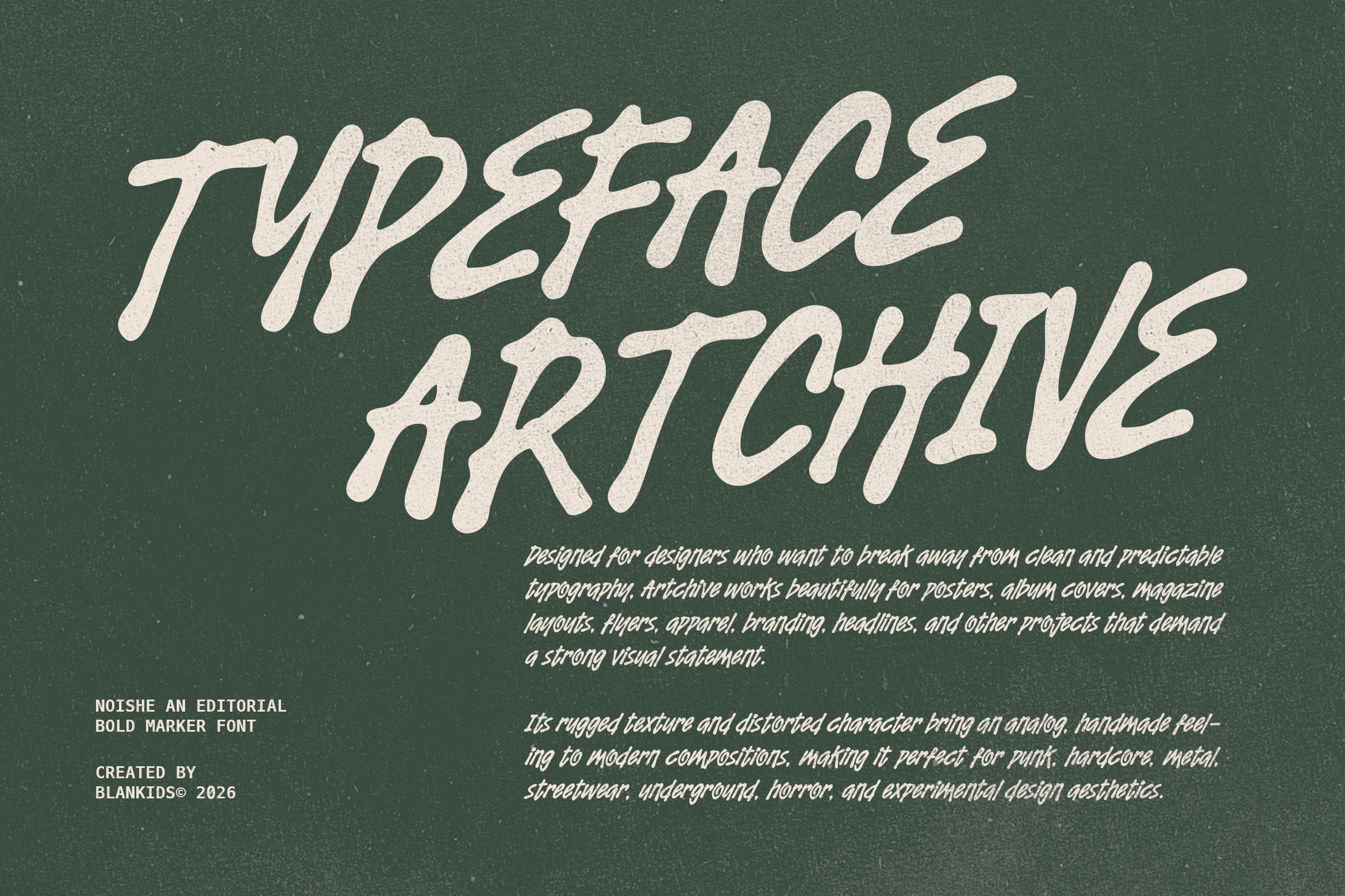 Typeface Artchine font displayed in cream italic lettering on muted green background with description text
