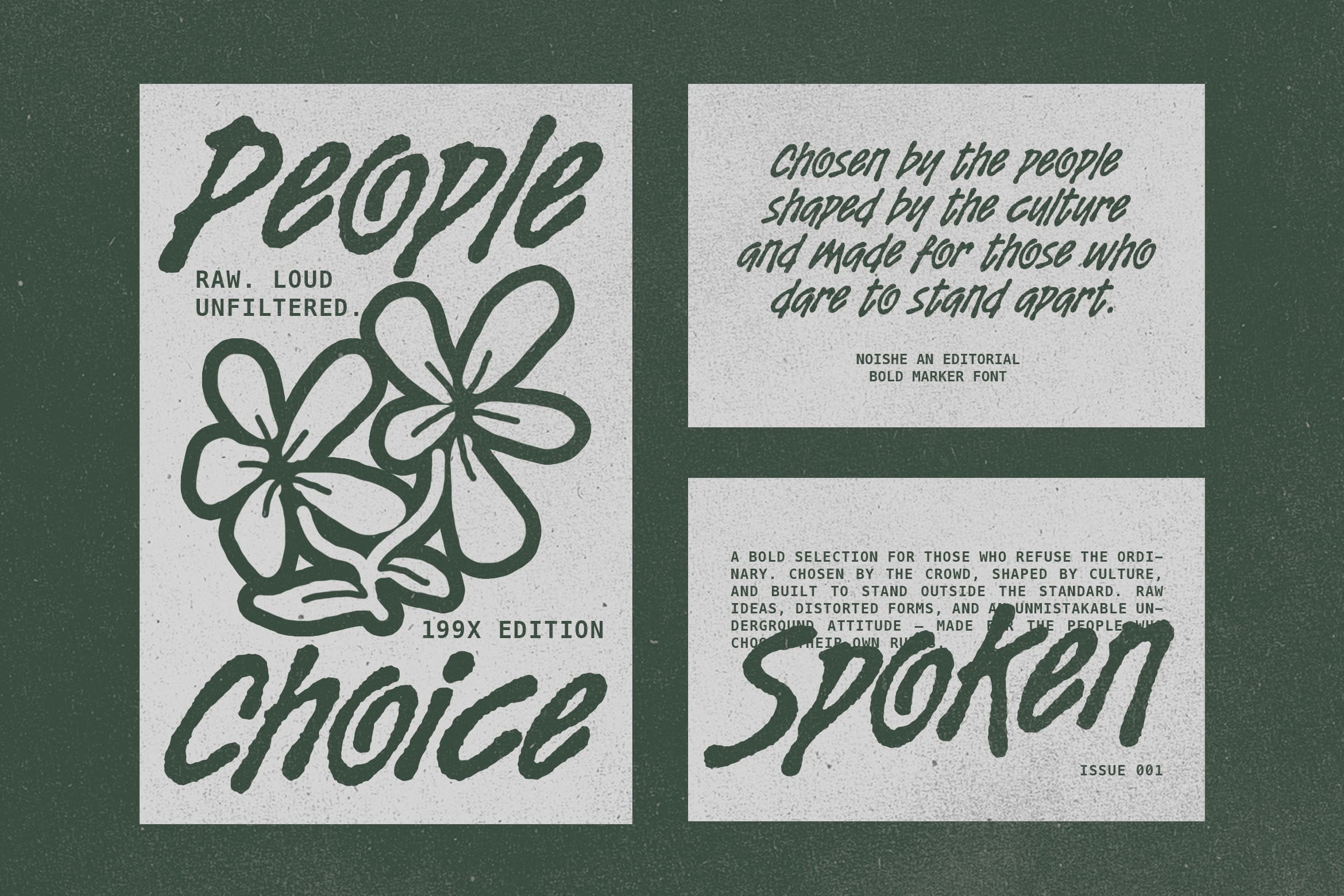 Noishe font displayed on editorial spreads with raw italic lettering, flowers, textured paper background