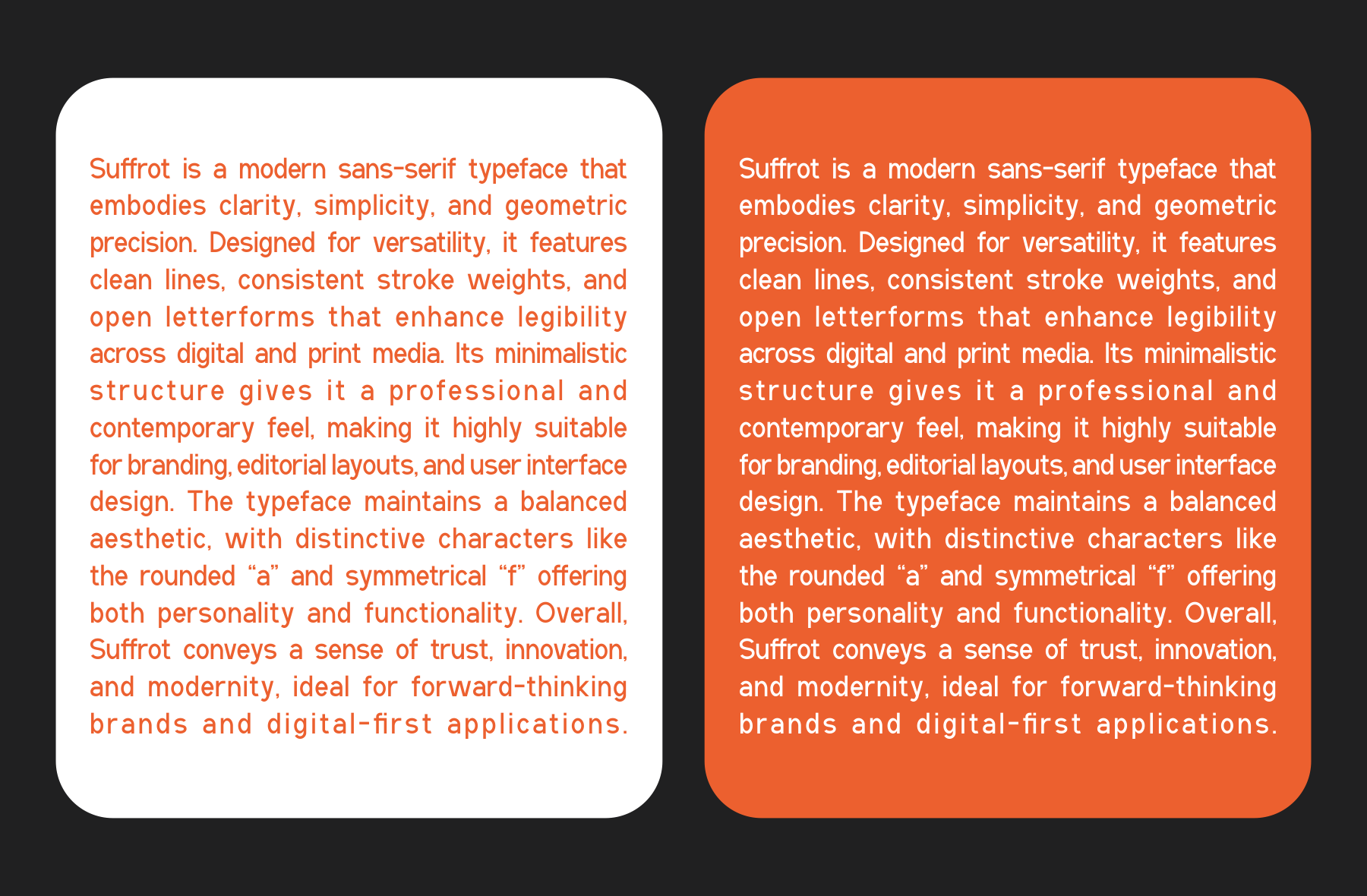 Suffrot sans-serif font displayed on white plus orange backgrounds showing typography samples