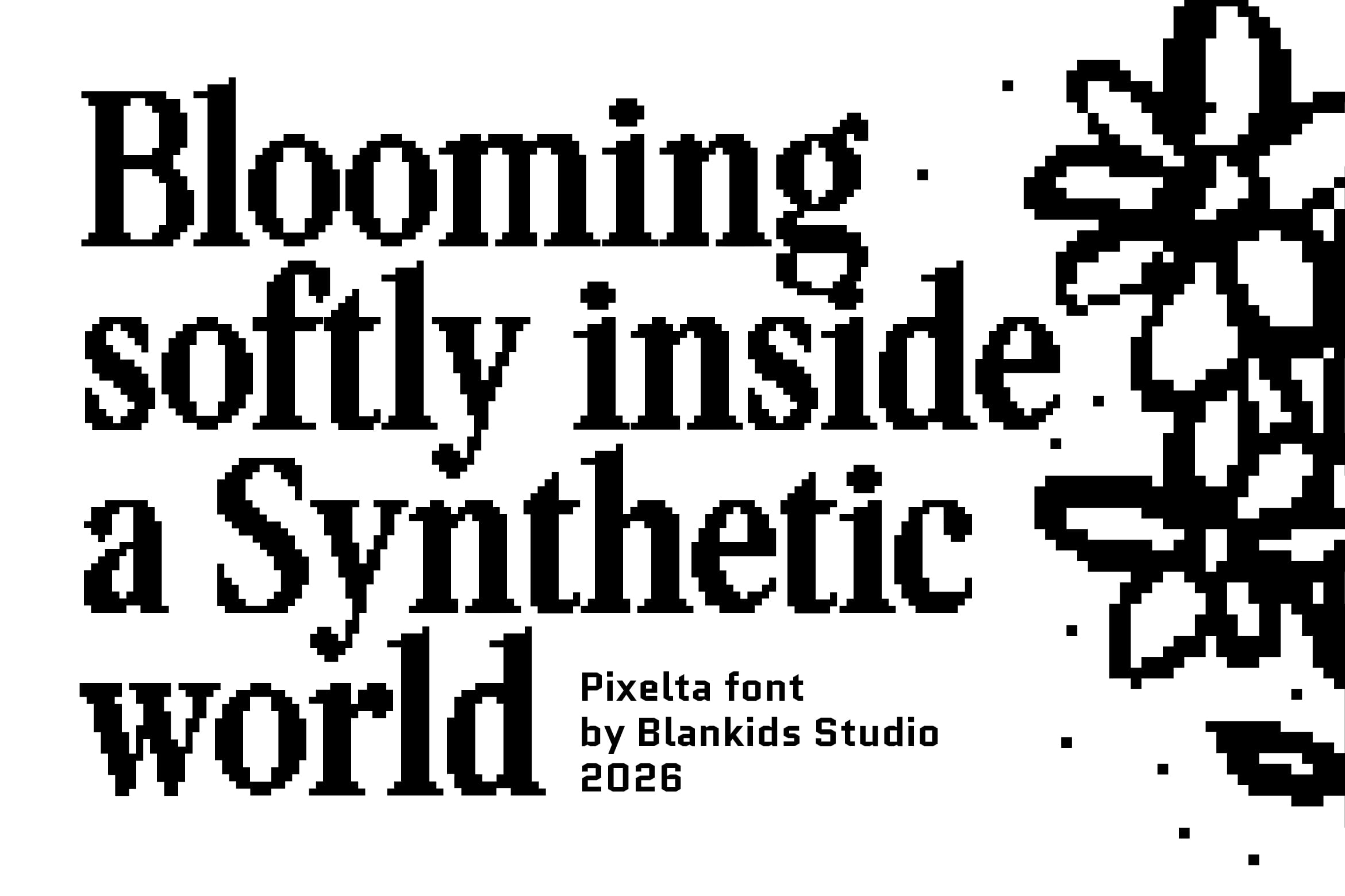 Pixelta font by Blankids Studio showing blocky pixel letters with retro flower graphic