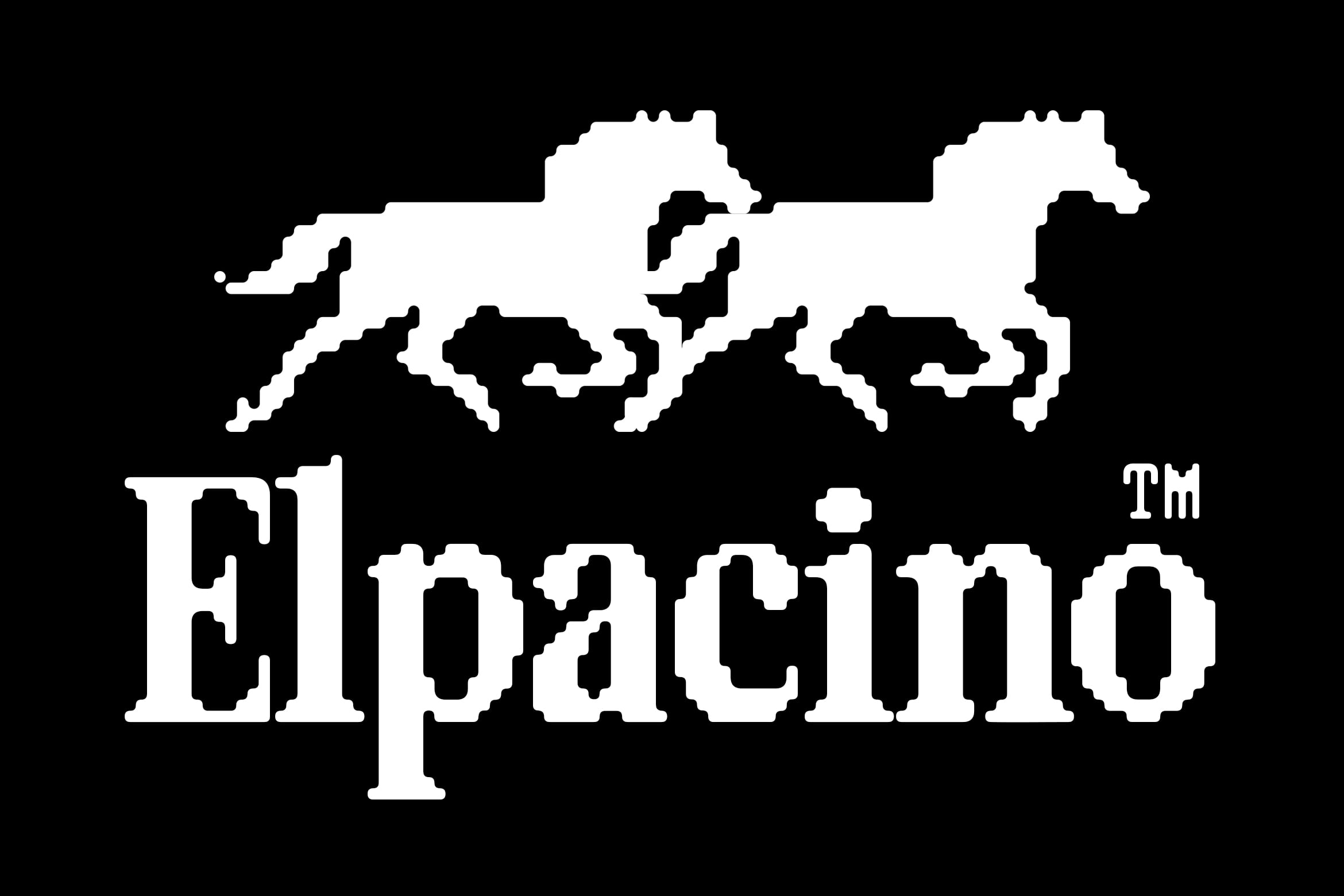 El Pachino retro video game logo with pixelated horses on black background