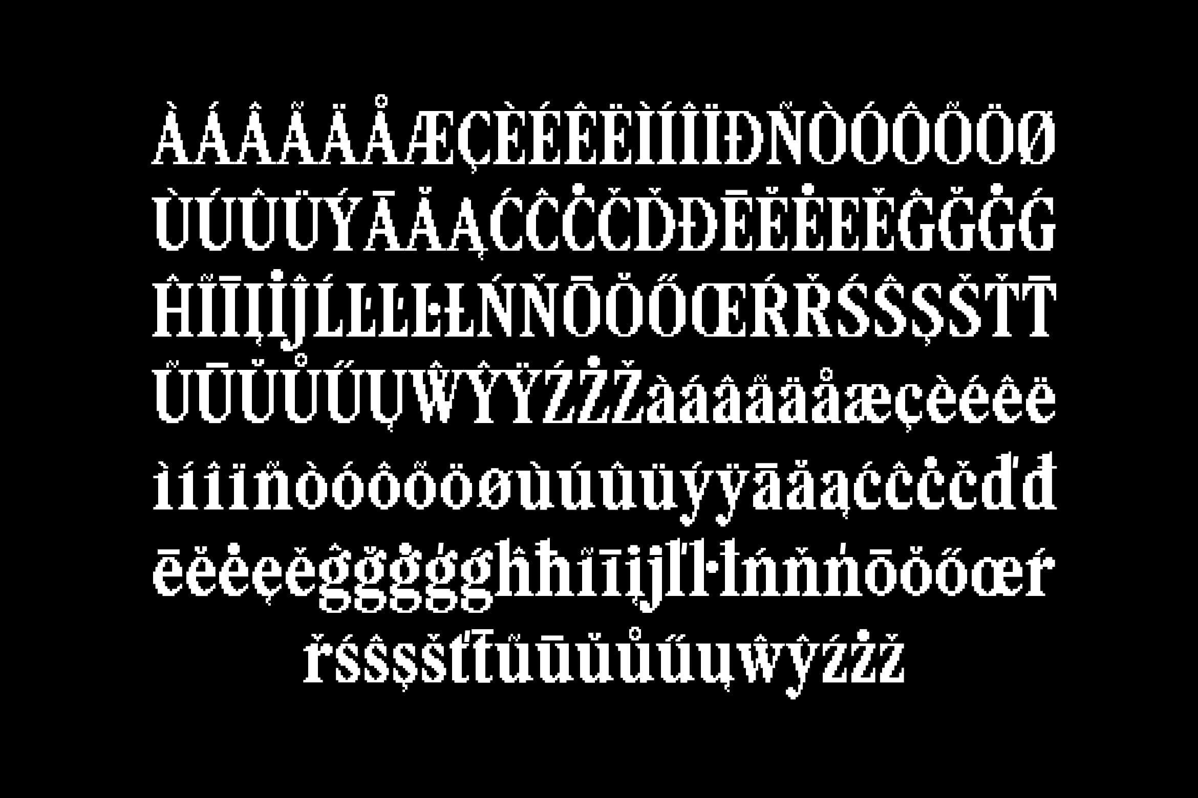 Serif typeface with extensive accented character set on black background