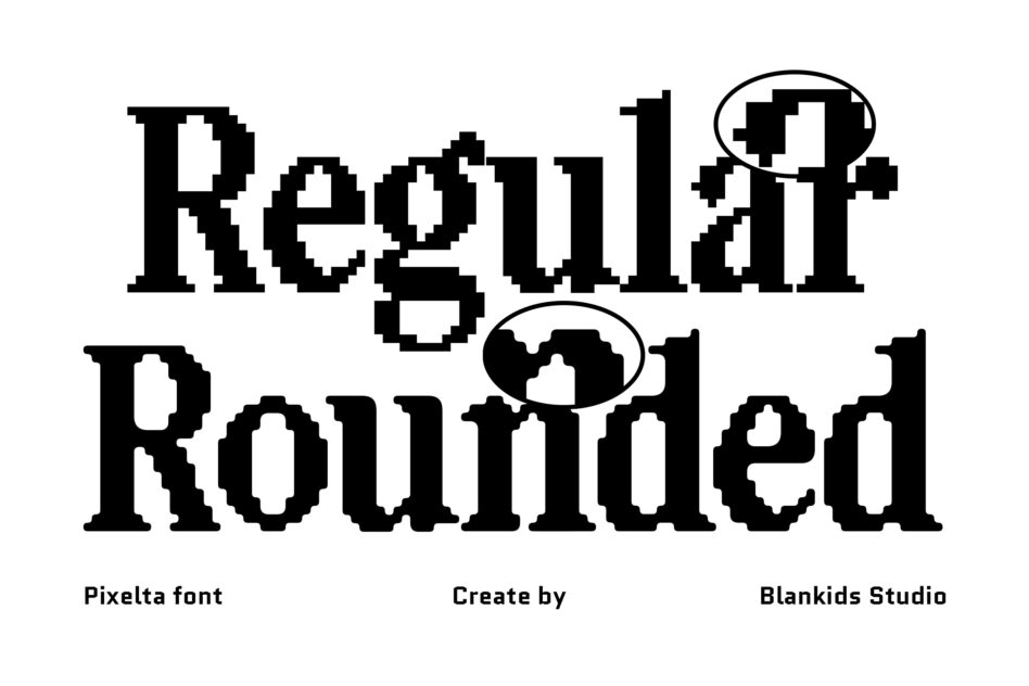Pixelta font displaying "Regular Rounded" in chunky pixel typeface with geometric cutouts