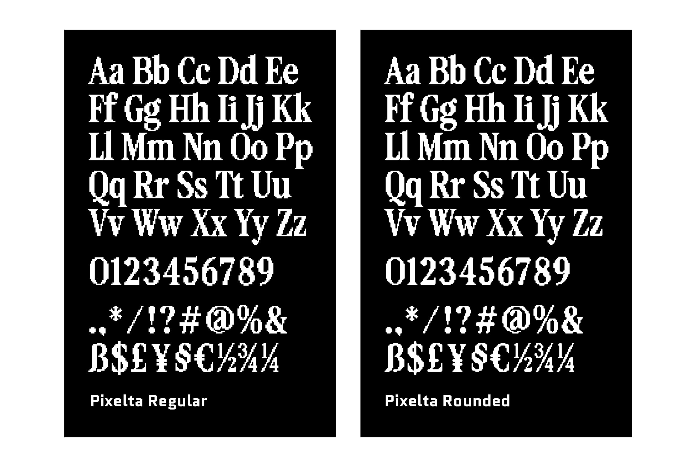 Pixelta font family showing regular vs rounded versions with full character set on black