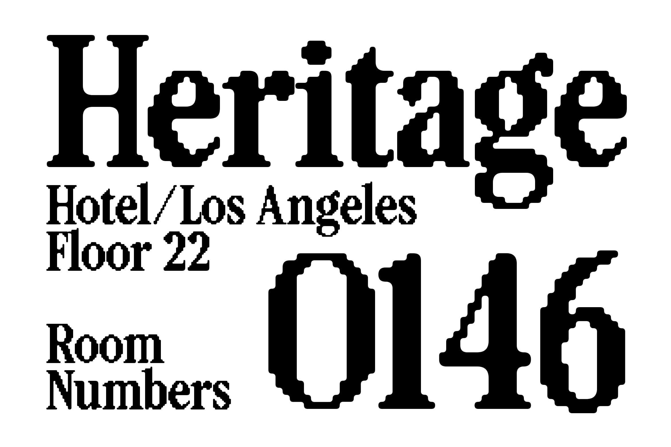 Retro pixel font displaying "Heritage" with hotel signage for room numbers on dark background