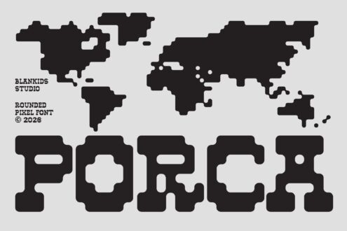 Rounded pixel font with chunky letterforms, world map graphic above text in black silhouettes
