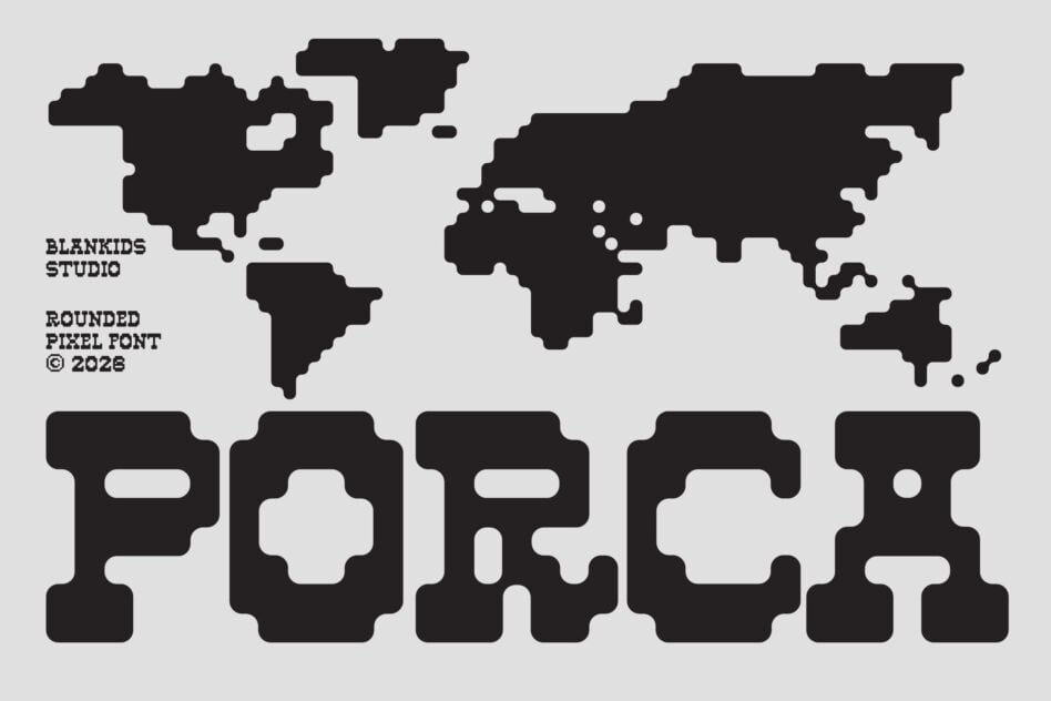Rounded pixel font with chunky letterforms, world map graphic above text in black silhouettes