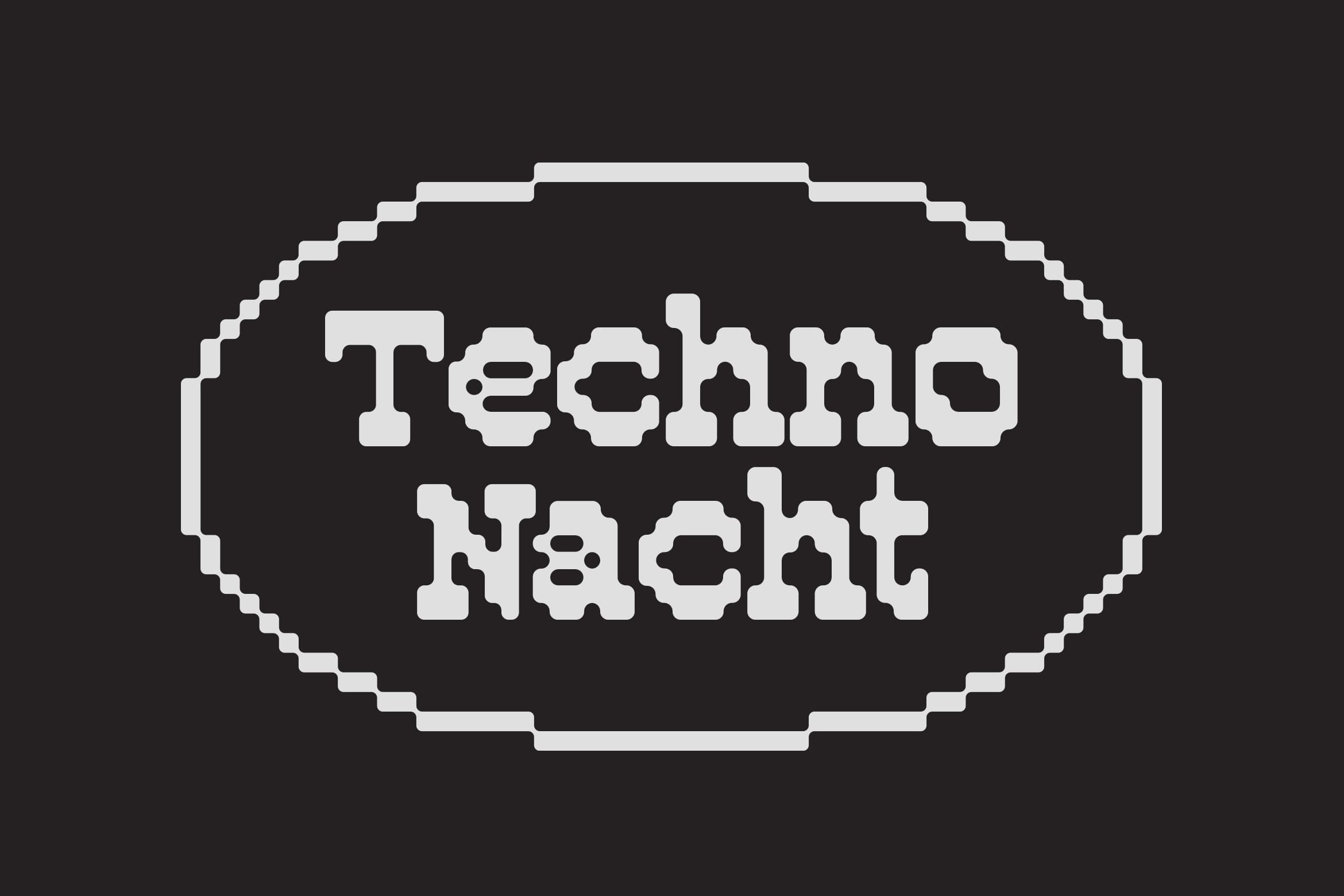 Retro pixelated badge with "Techno Nacht" text on dark background