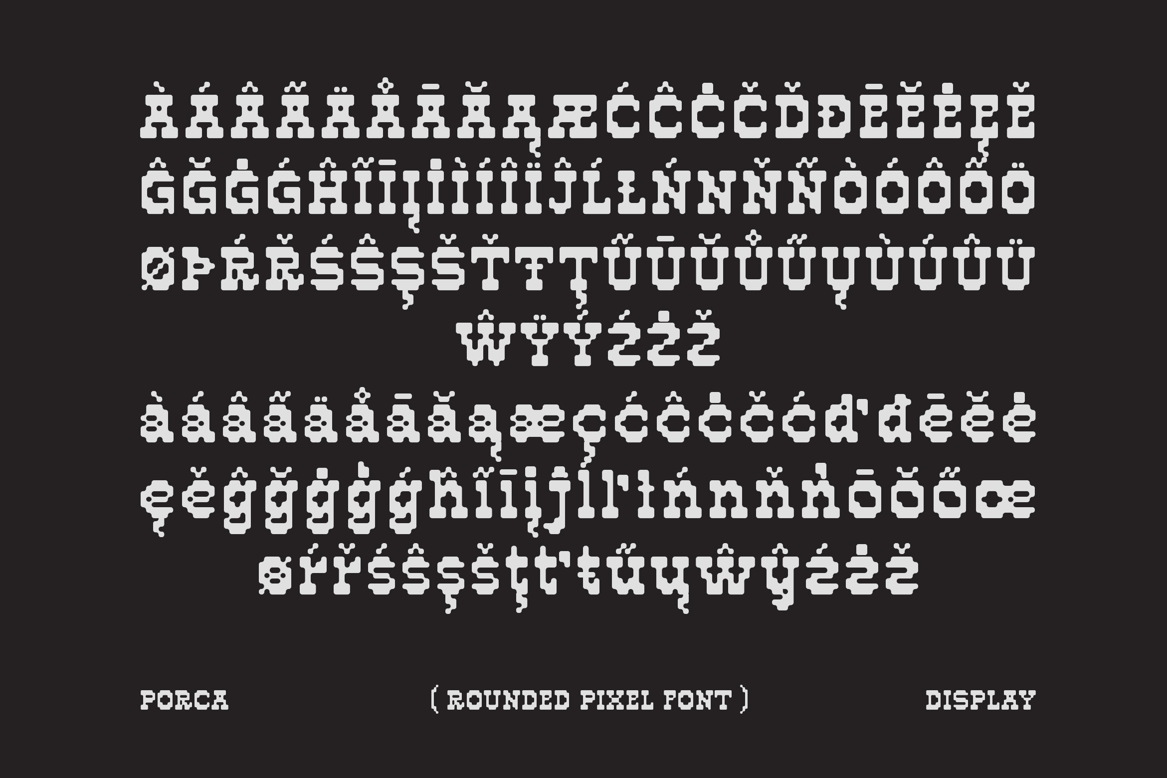 Forca rounded pixel font showing full character set with accented letters on dark background