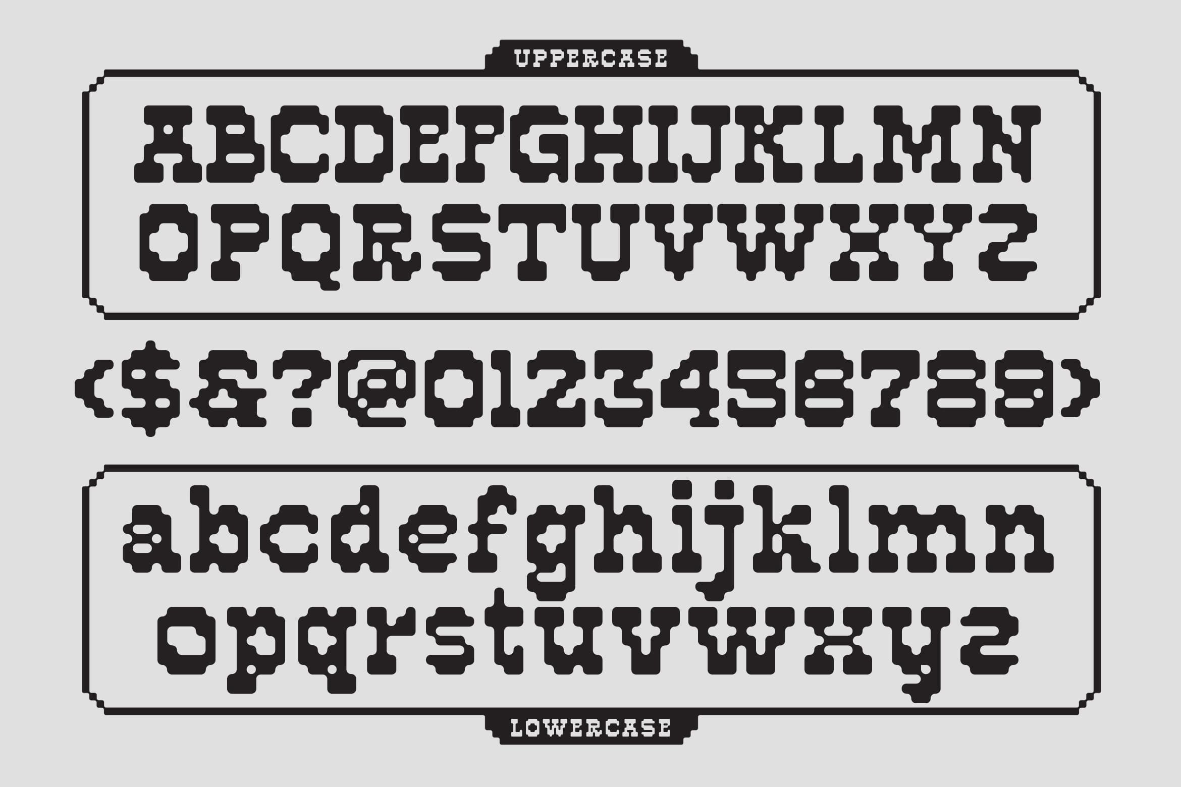Chunky pixel font showing uppercase, lowercase, numbers, symbols in bold black letters