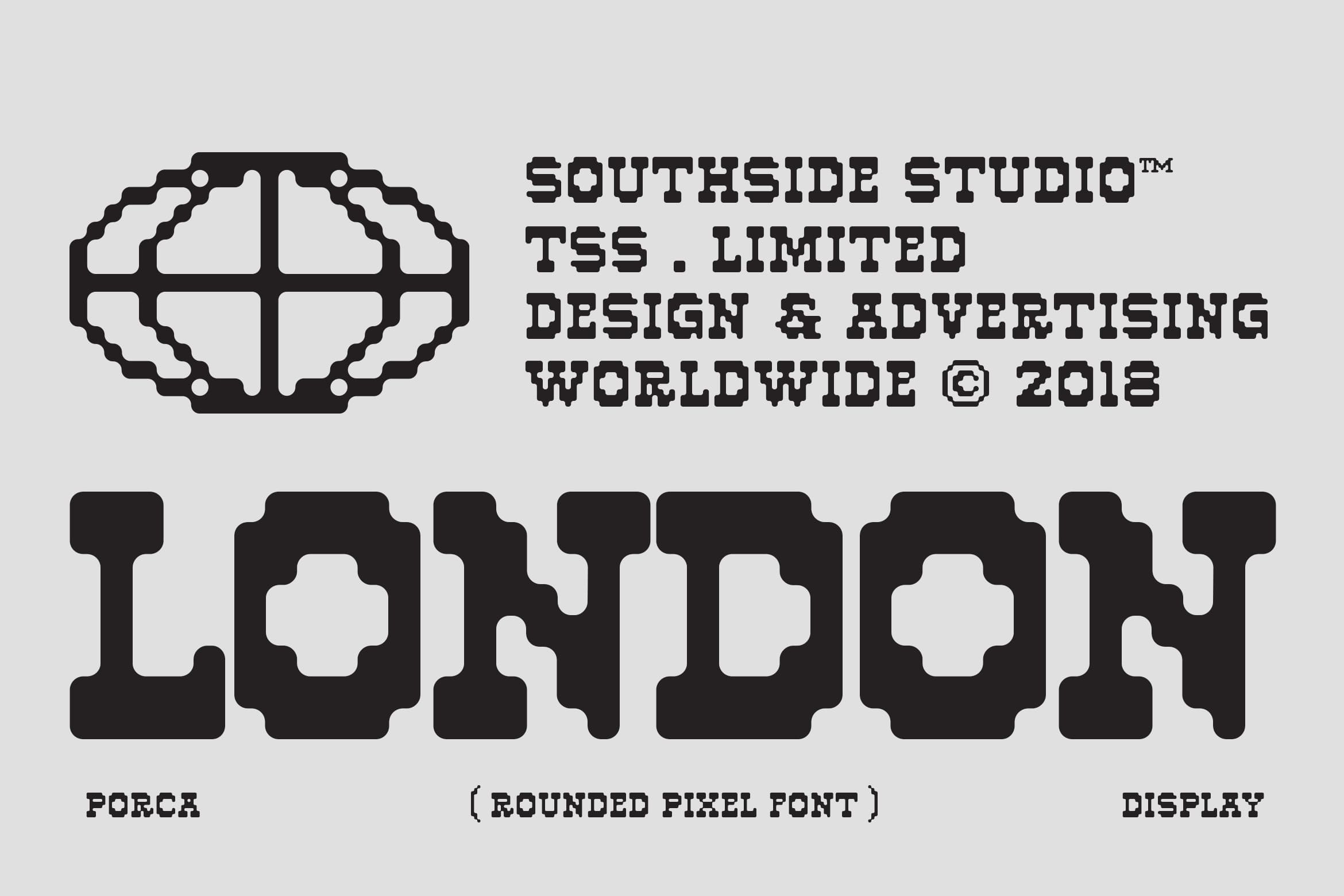 Porch rounded pixel font with bold geometric letterforms, retro display typeface