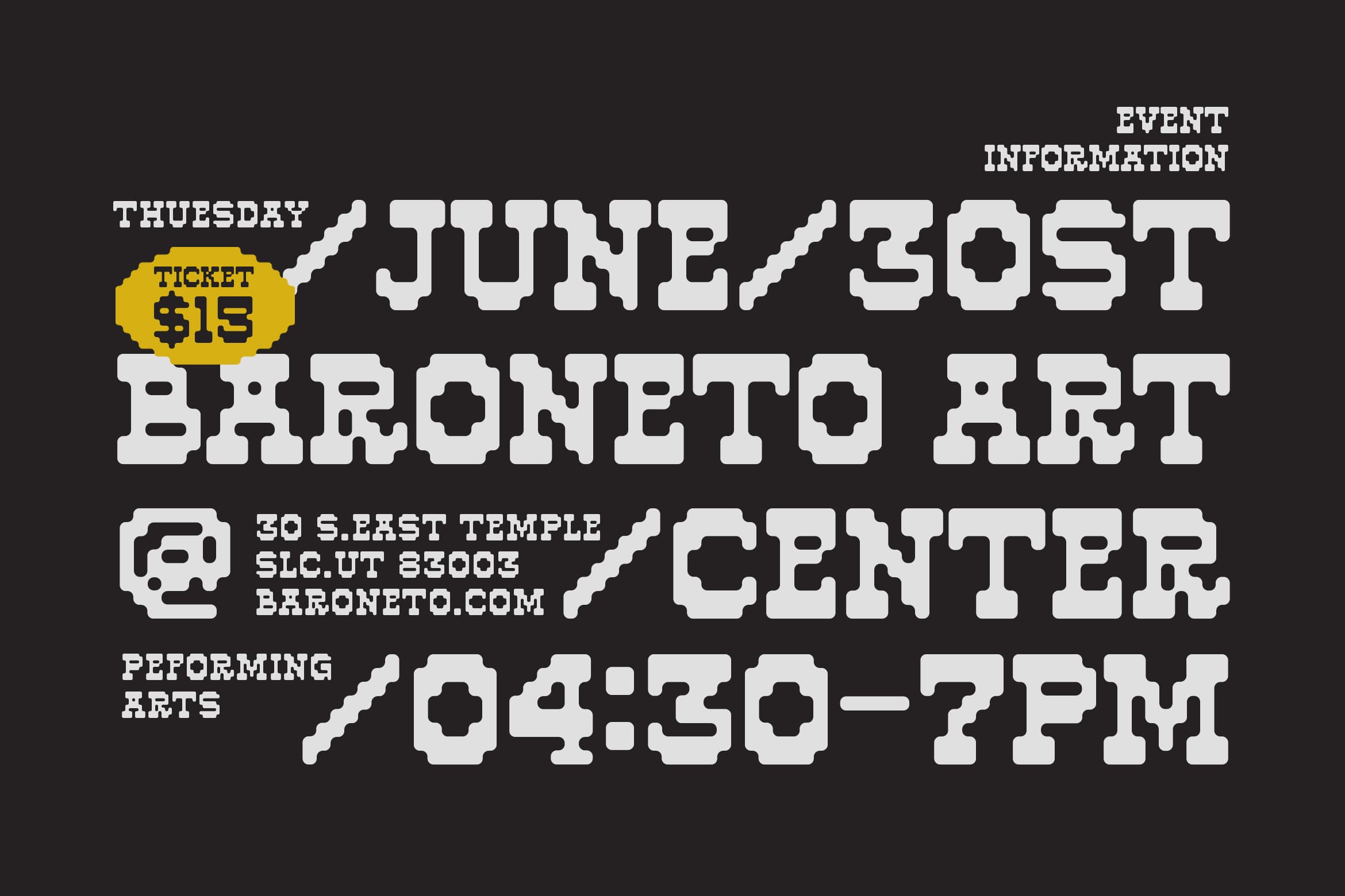 Retro event poster with bold slab serif type, yellow ticket badge showing $15 price, date info for June 30th bronco art show