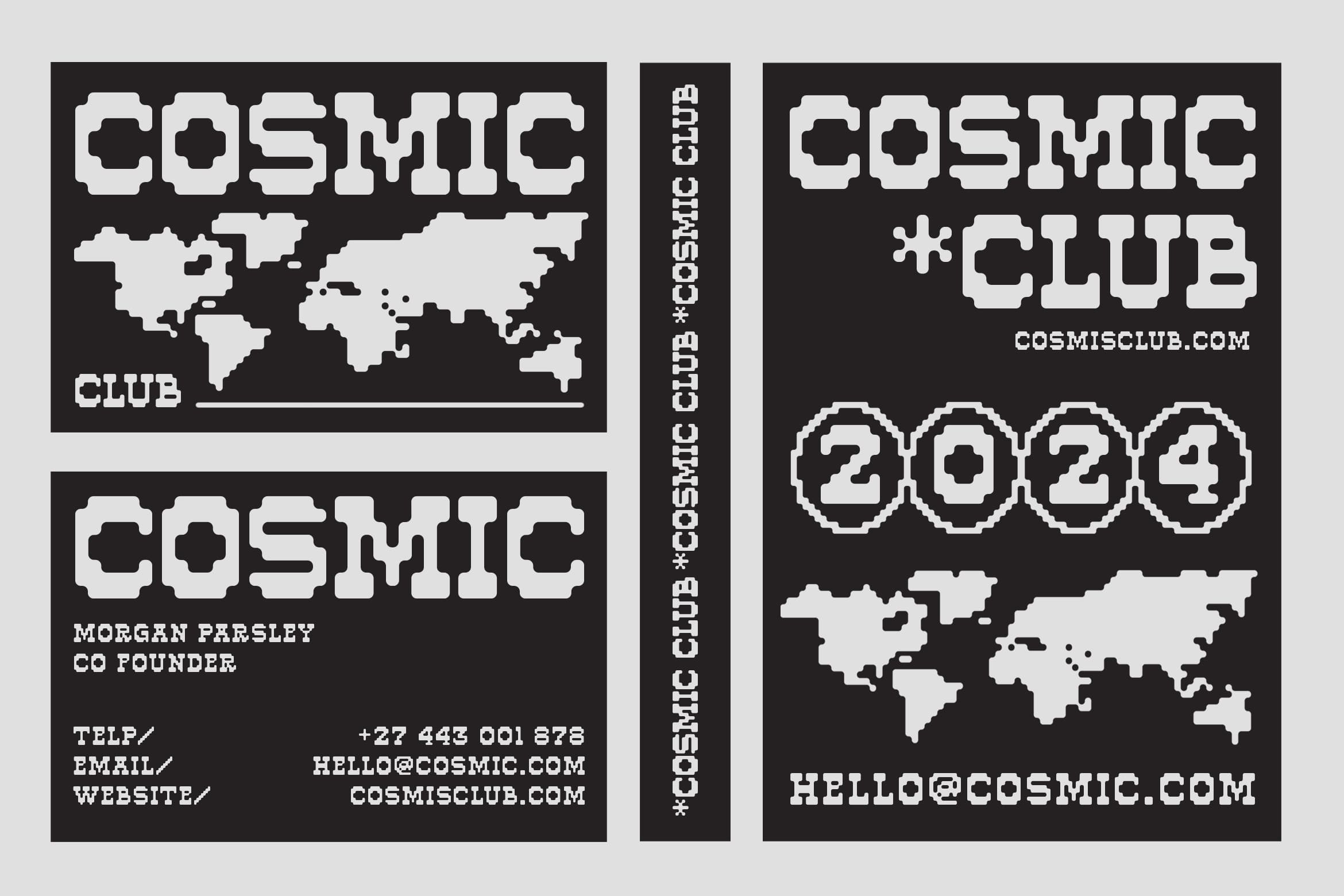 Retro pixel art business card mockup with world maps, bold blocky type on black background