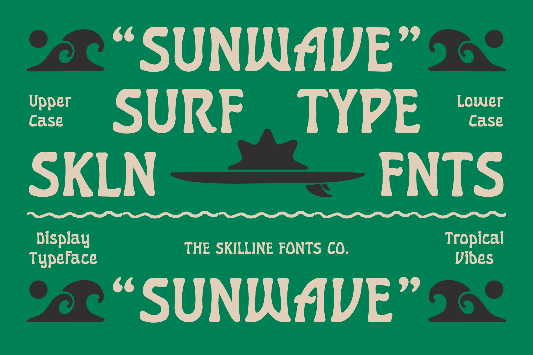 Sunwave surf typeface specimen on tropical green background with wave ornaments