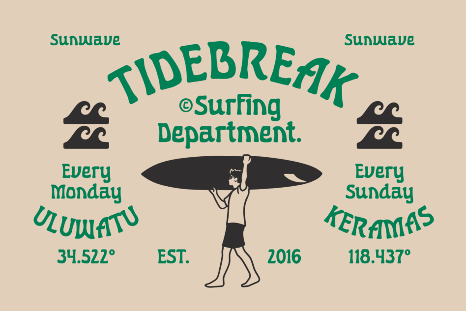Retro surf poster with hand-drawn surfer holding board, vintage typography, green teal on beige