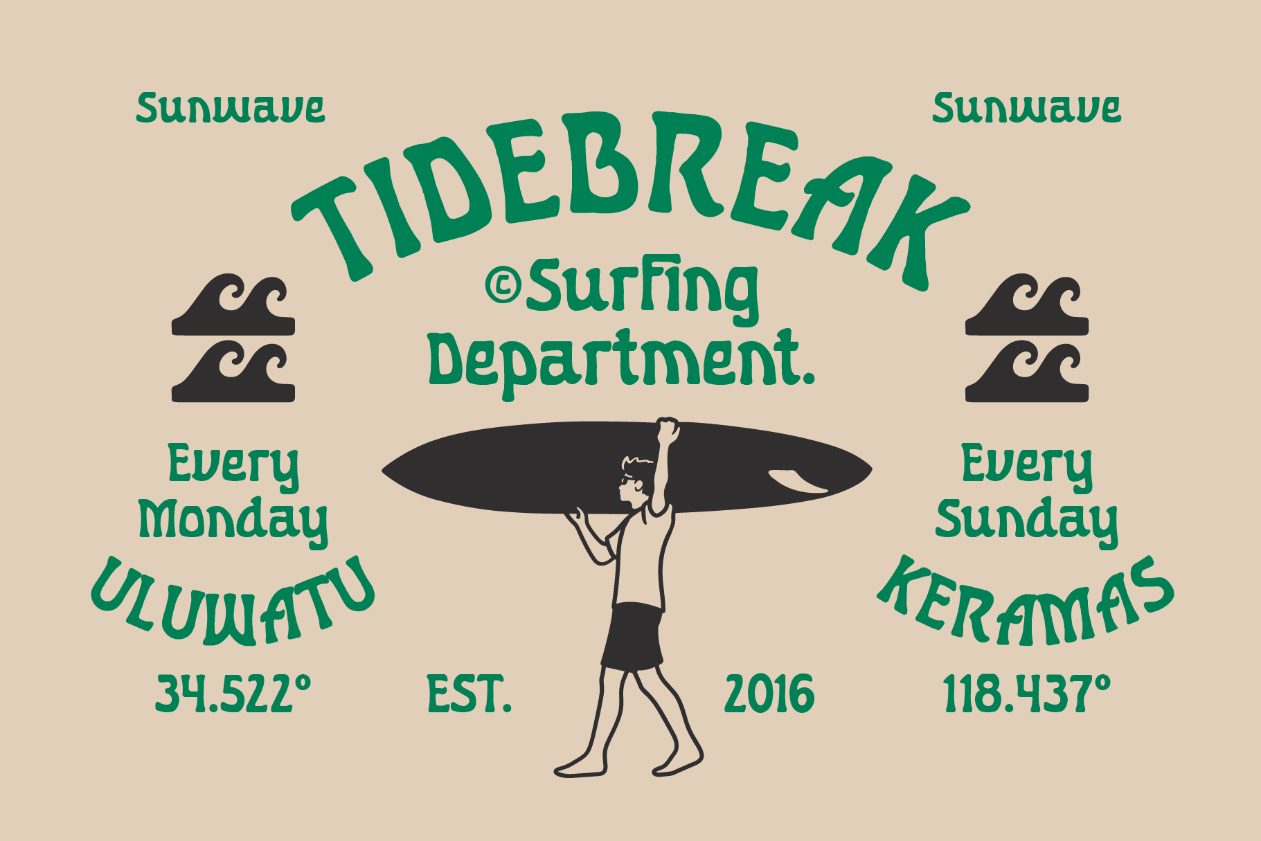 Retro surf poster with hand-drawn surfer holding board, vintage typography, green teal on beige