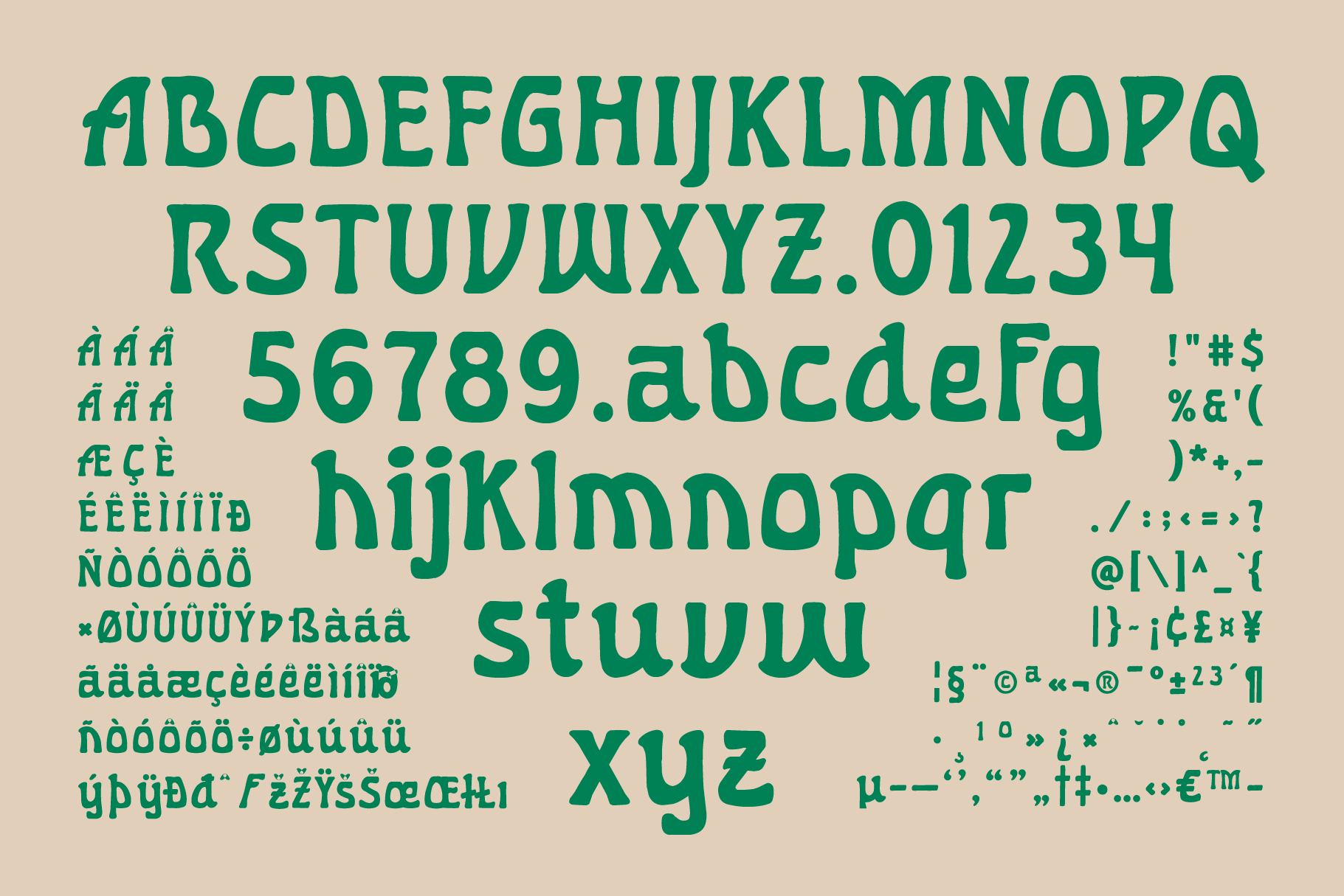 Bold teal italic typeface with full character set, accents, numbers, symbols on beige background