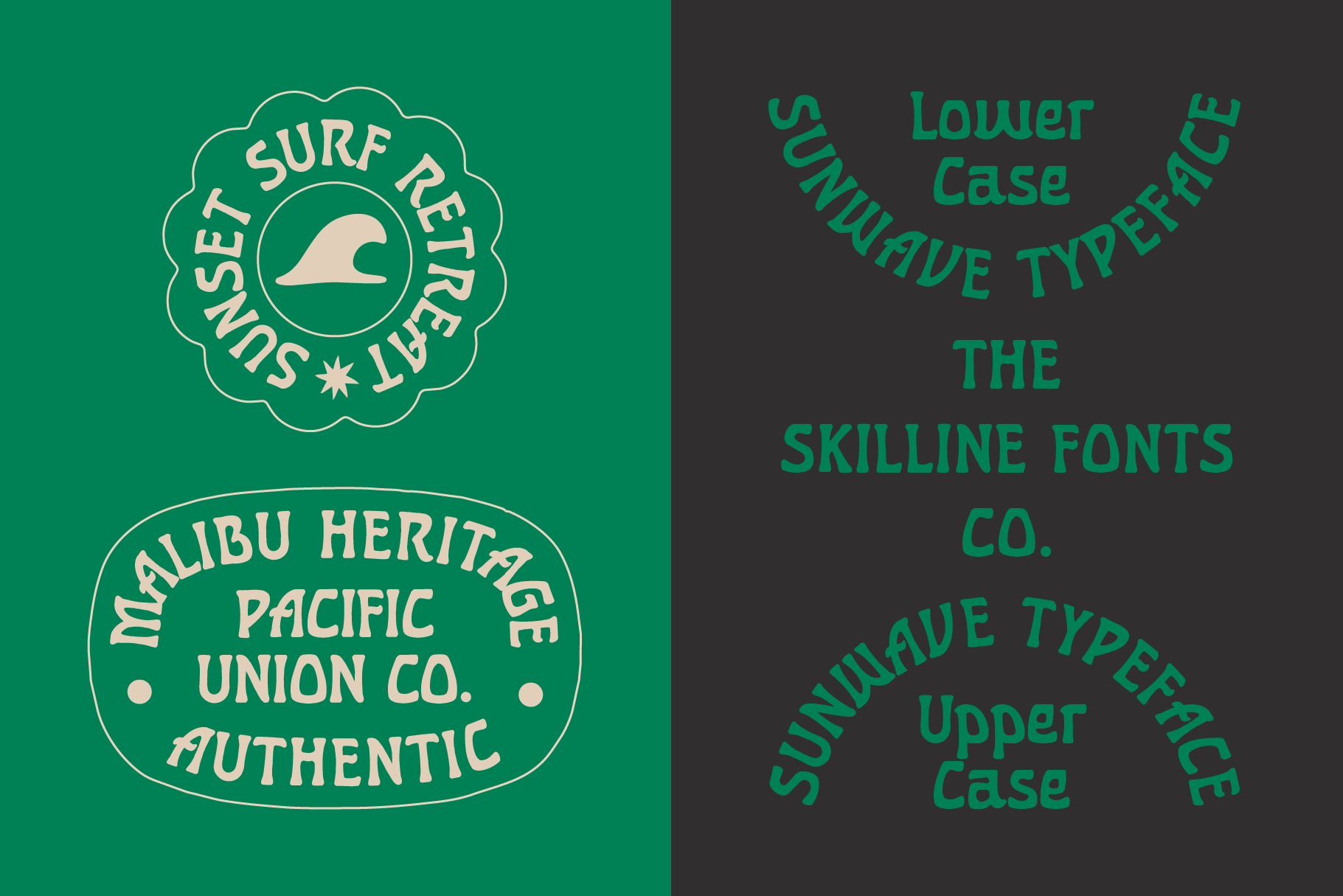 Sunwave typeface showing curved letterforms in lower plus upper case with vintage badge logos