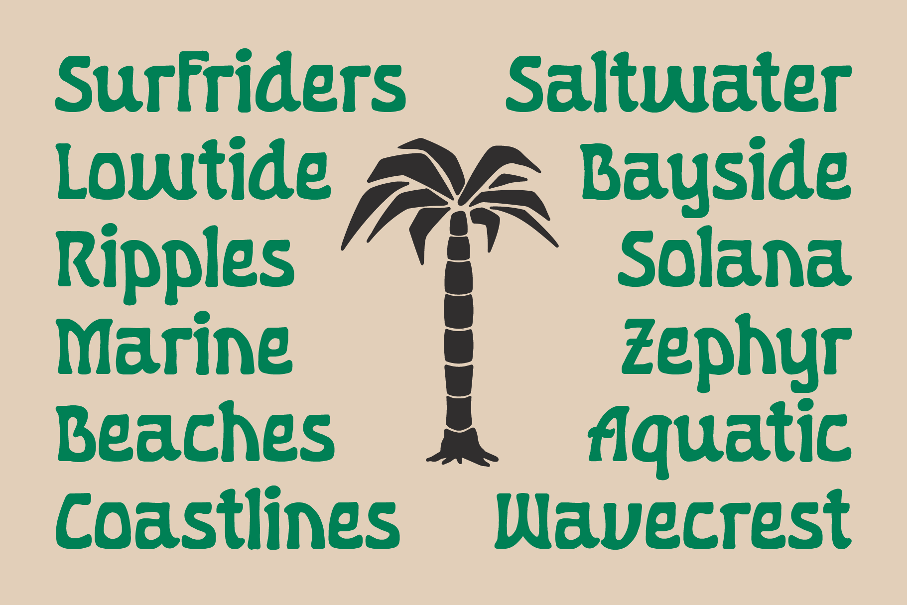 Beachy font with teal lettering, palm tree icon, coastal vibes on cream background