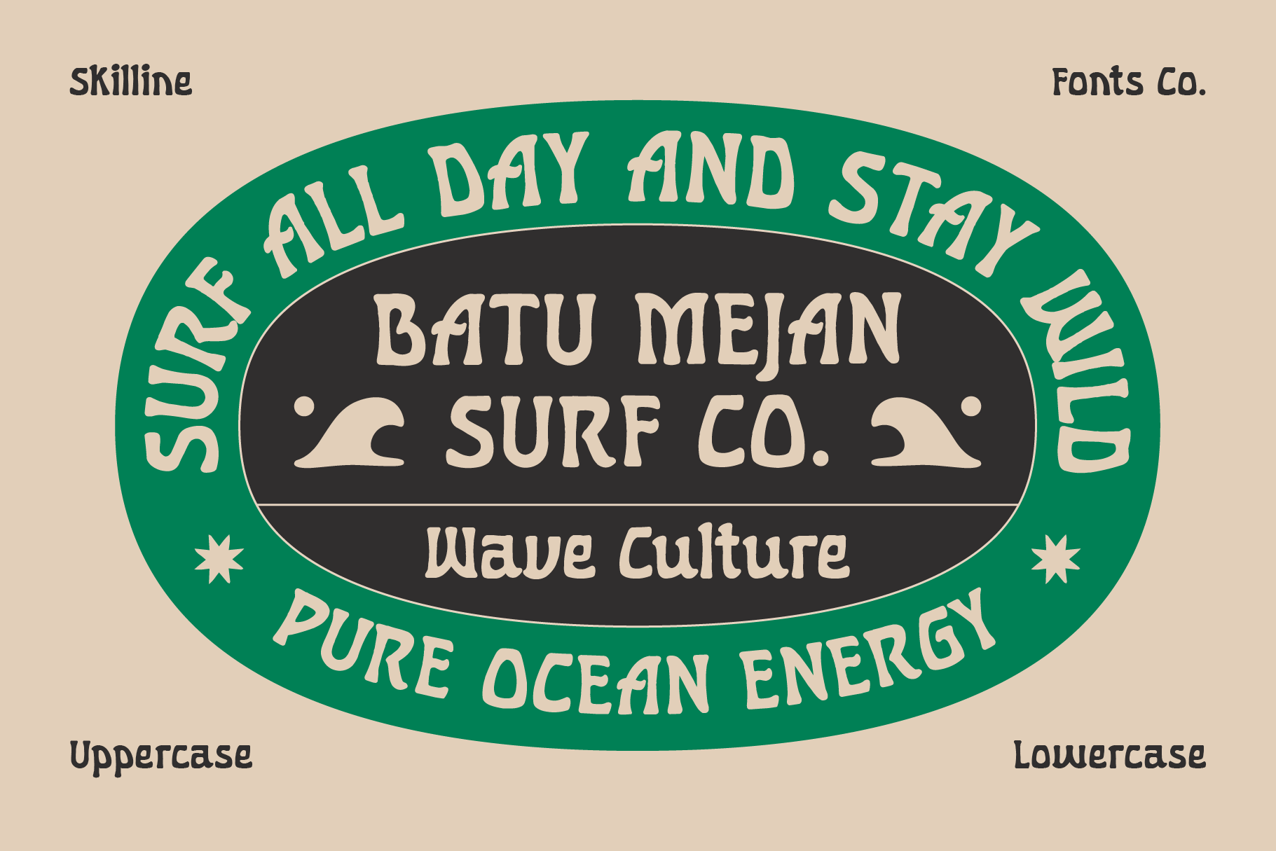 Skilline font displayed on retro surf shop badge with wave graphics in cream, black, plus green