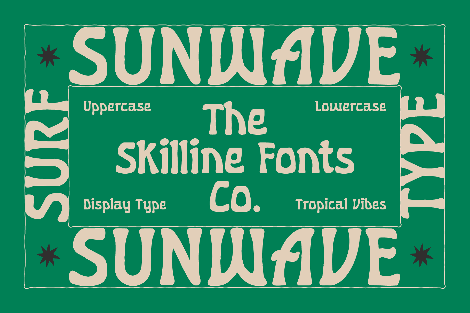 Sunwade retro font family with uppercase, lowercase, display weights on tropical green background