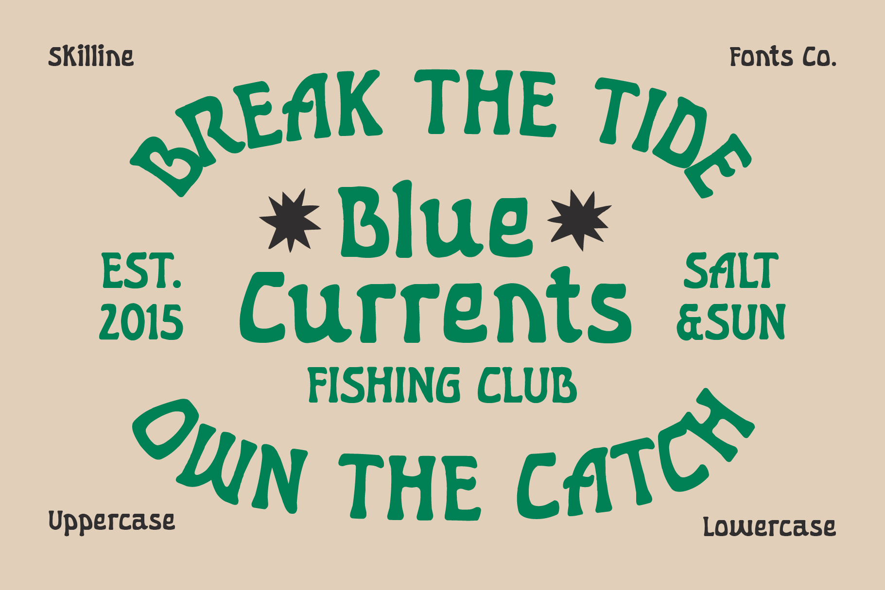 Skillline font displaying playful fishing club text in teal on beige background