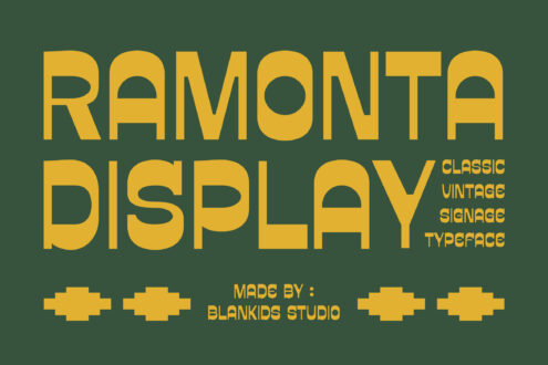 Ramonta Display typeface in bold yellow on deep green with vintage vibes