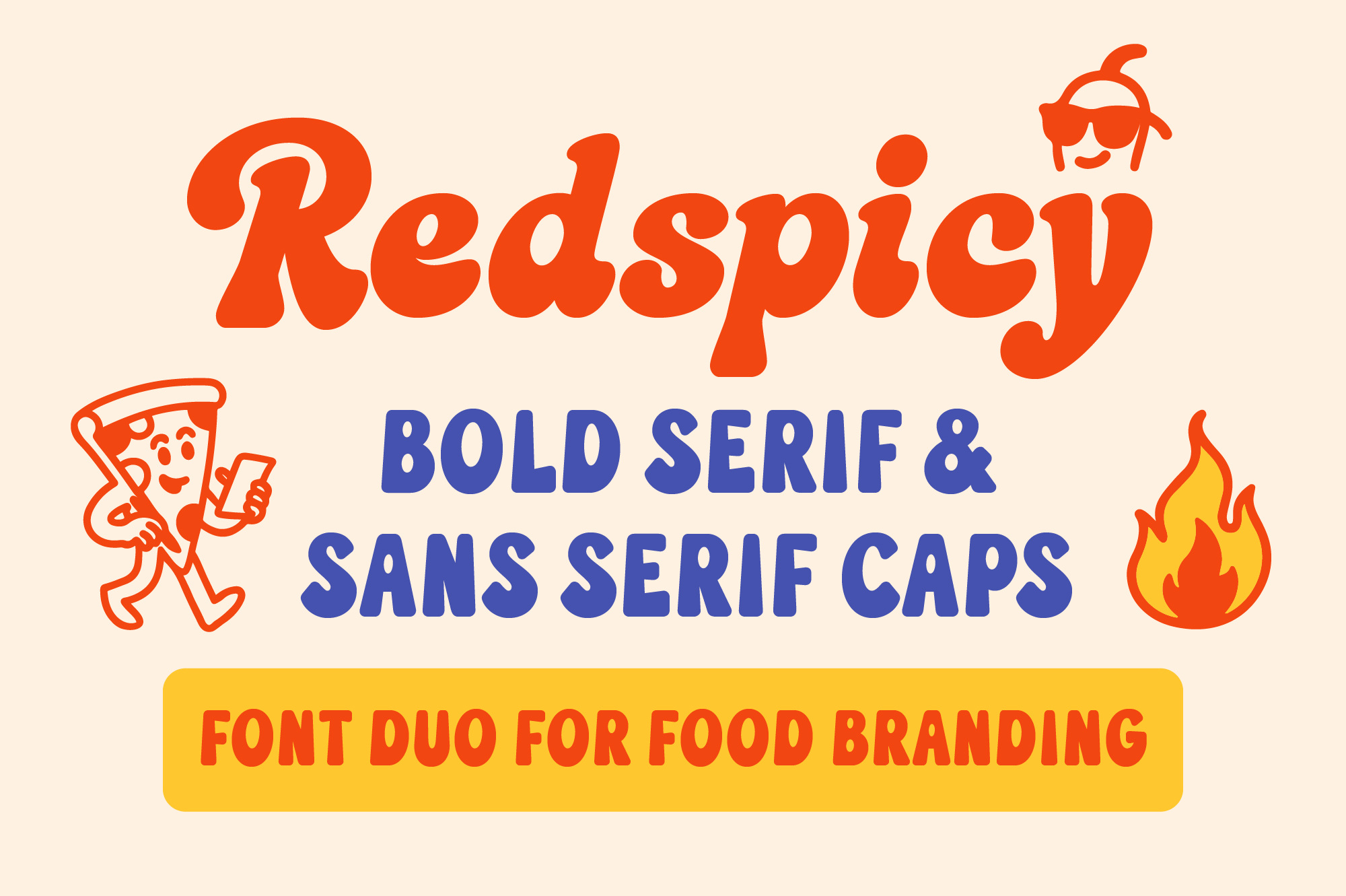 Redspicy font duo with bold serif, sans serif caps, playful food characters, yellow banner