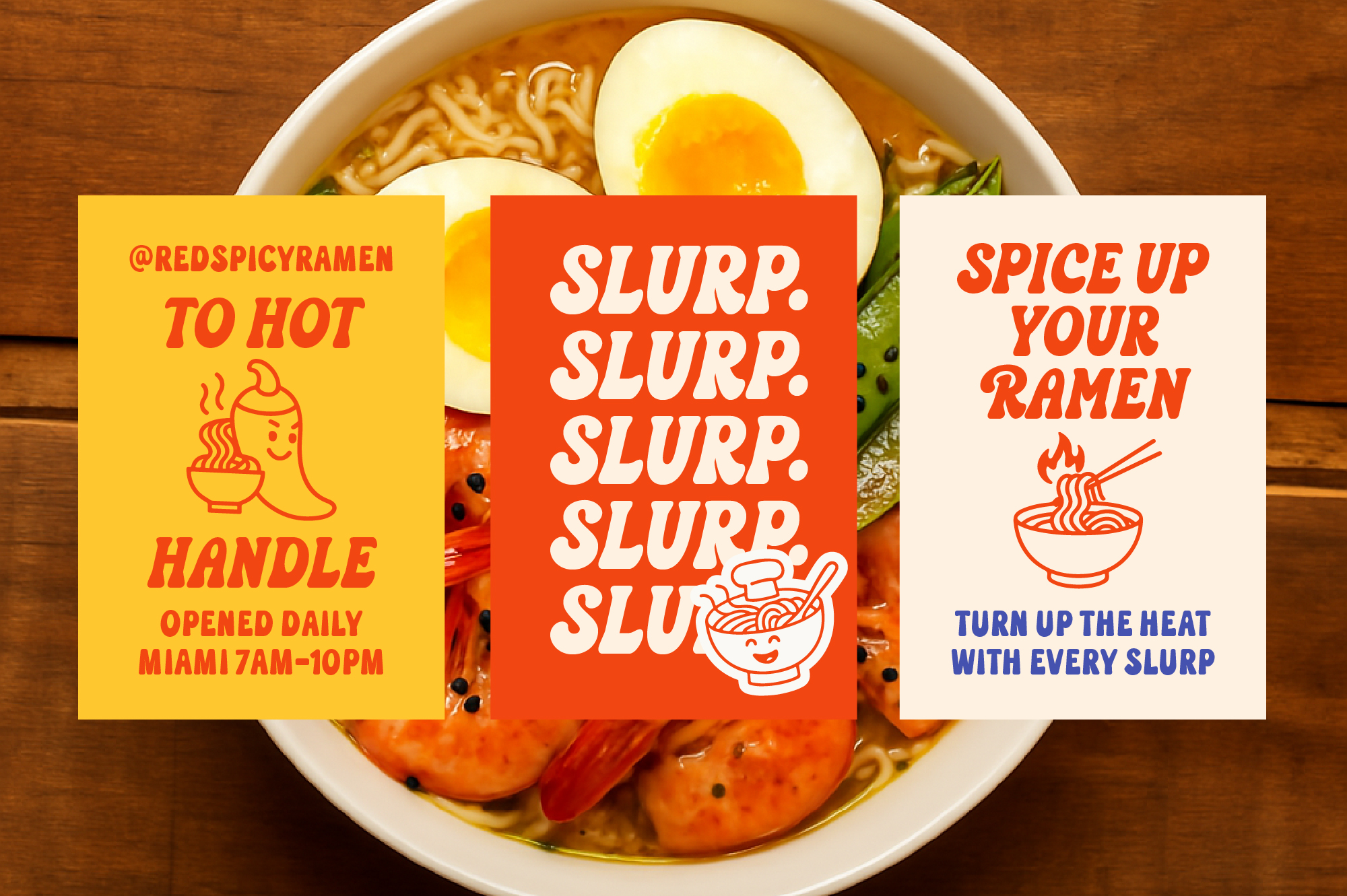 Playful ramen shop poster mockup with bold red, yellow, cream cards over steaming noodle bowl