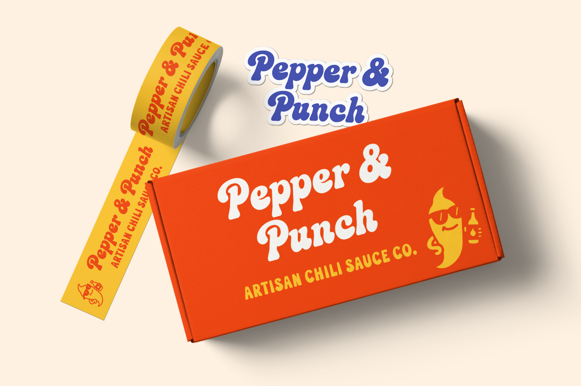 Pepper & Punch hot sauce box mockup with yellow tape roll showing branded packaging design